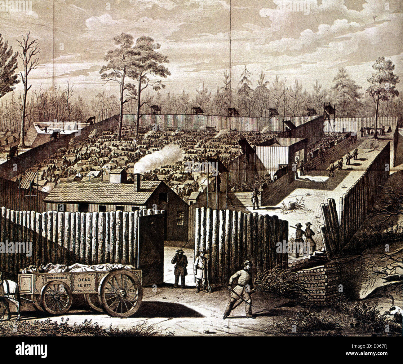 American Civil War: Prison stockade at Andersonville, Georgia. During summer of 1864 32,899 Union (northern) prisoners were confined here. In the National Cemetery at Andersonville 12,912 who did not survive are buried. In left foreground the dead cart is taking away bodies. Stock Photo