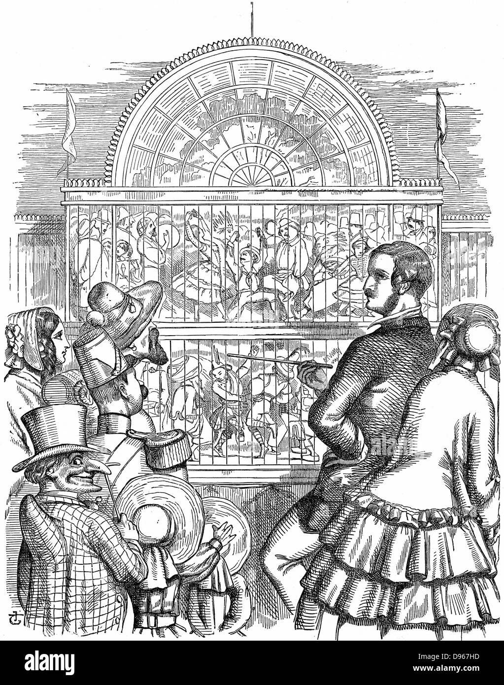 Albert, Prince Consort of Queen Victoria, showing off the Crystal Palace and the Great Exhibition in Hyde Park, London. John Tenniel cartoon from 'Punch' London 1851. Wood engraving Stock Photo