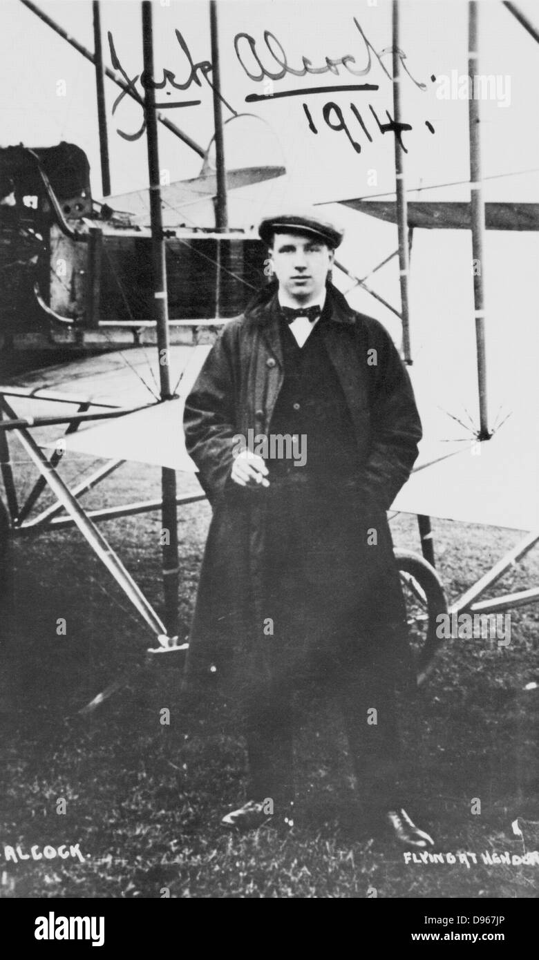 John William Alcock (1892-1919) British aviator who, with Arthur Whitten Brown (1886-1948), was first to fly Atlantic non-stop, 14 June 1919. Photograph of Alcock at Hendon signed and dated 1914. Stock Photo