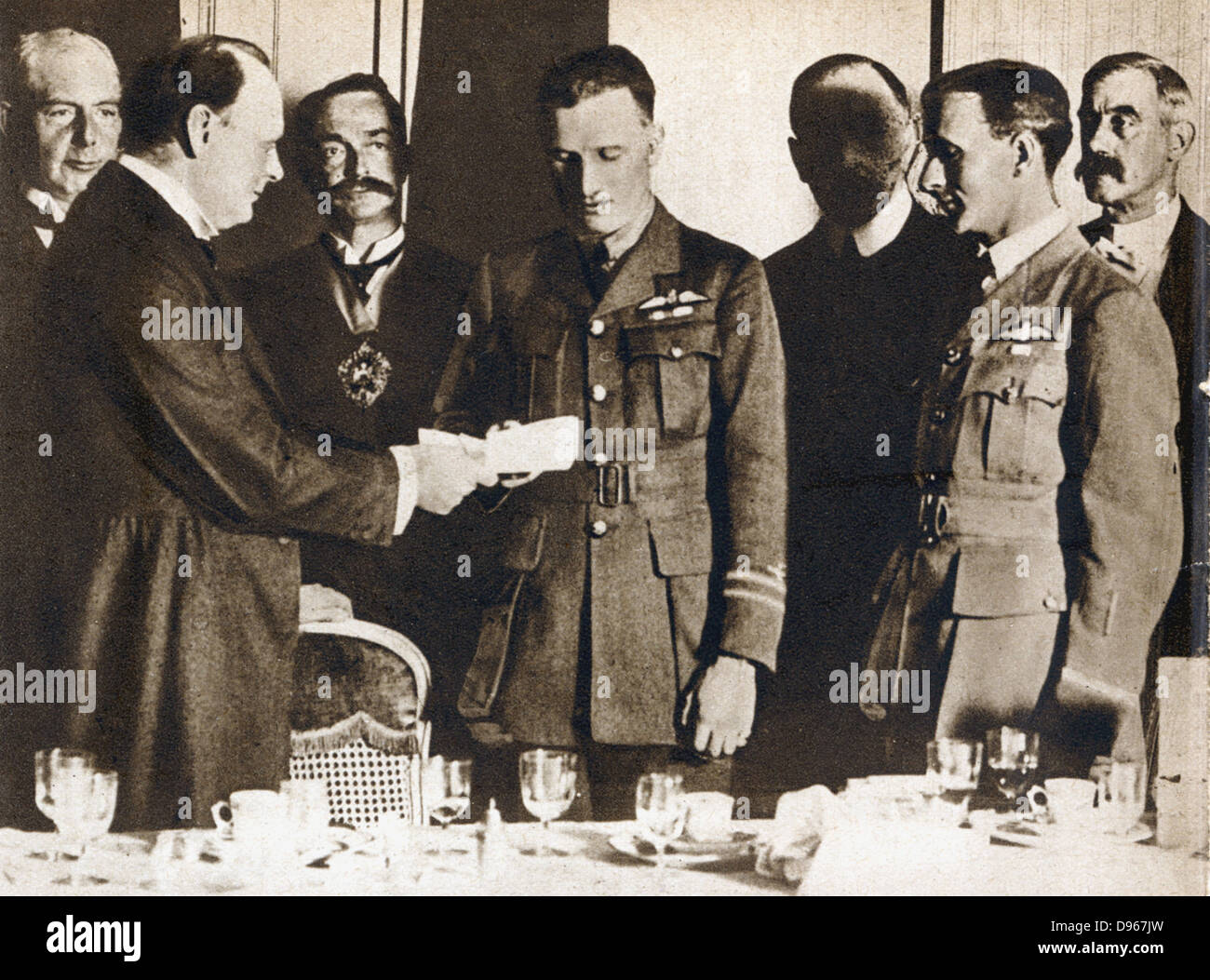 John William Alcock (1892-1919) and Arthur Whitten Brown (1886-1948) British aviators. First men to fly Atlantic non-stop, 14 June 1919. Presented with £10,000 prize by Winston Churchill Stock Photo