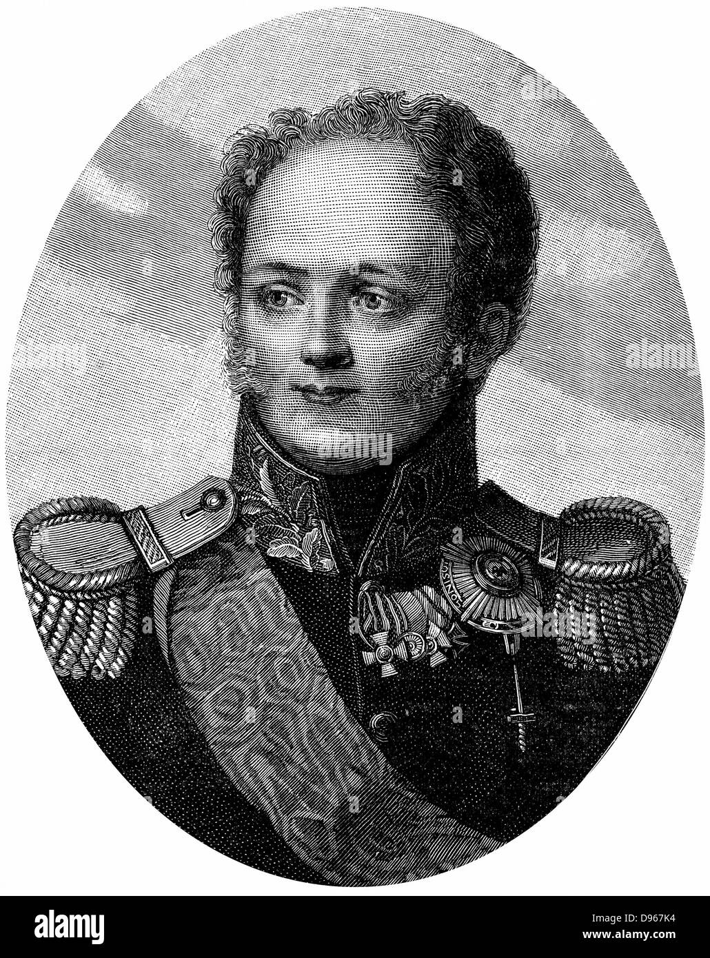 Alexander I (1777-1825) Tsar of Russia from 1801, in military uniform. Engraving Stock Photo