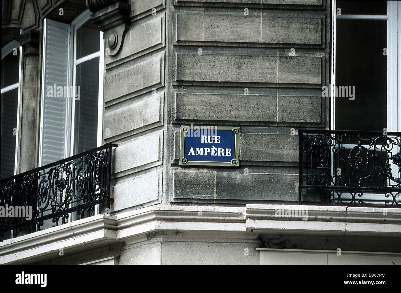 Andre Marie Ampere (1775-1836) French mathematician and physicist: Electrodynamics. Paris street sign bearing his name. Stock Photo