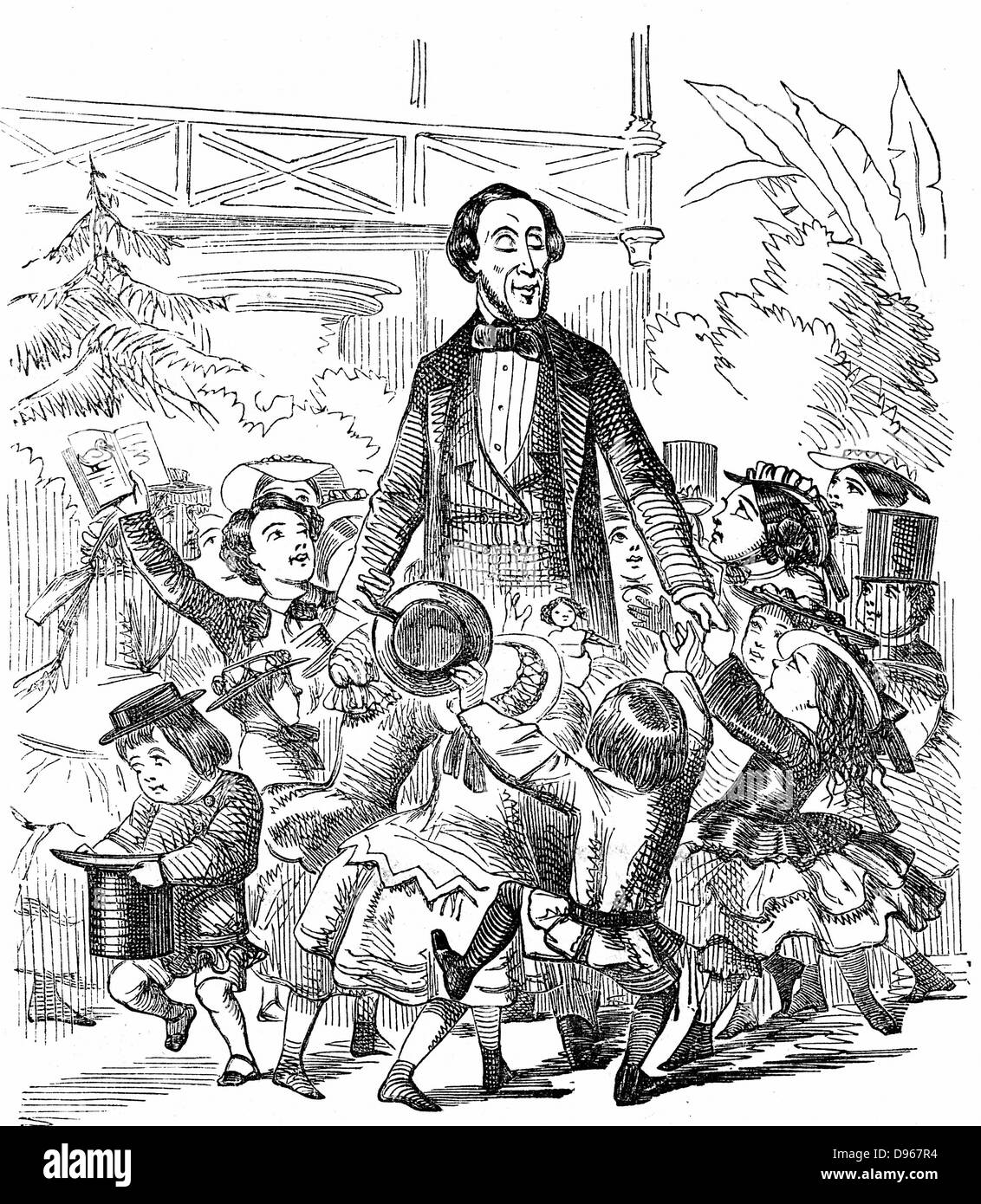 Hans Christian Andersen (1805-1875) Danish author, particularly remembered for his fairy tales. Andersen surrounded by children. Cartoon from 'Punch' London 10 January 1857 celebrating his visit to Britain. Wood engraving Stock Photo