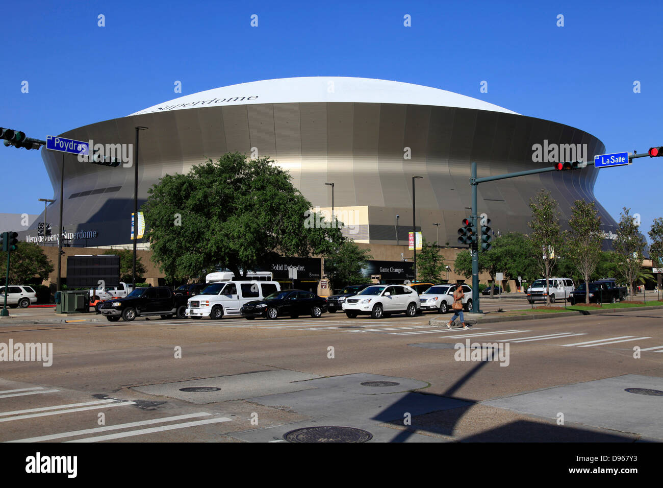 A really gigantic gymnasium is the Superdom of New Orleans.  It has about 95.000 places. Since October 23, 2011, the Superdom is renamed to Mercedes-Benz Superdom. The native football-team New Orleans Saints plays in the pro-league NFL.  Photo: Klaus Nowot Stock Photo