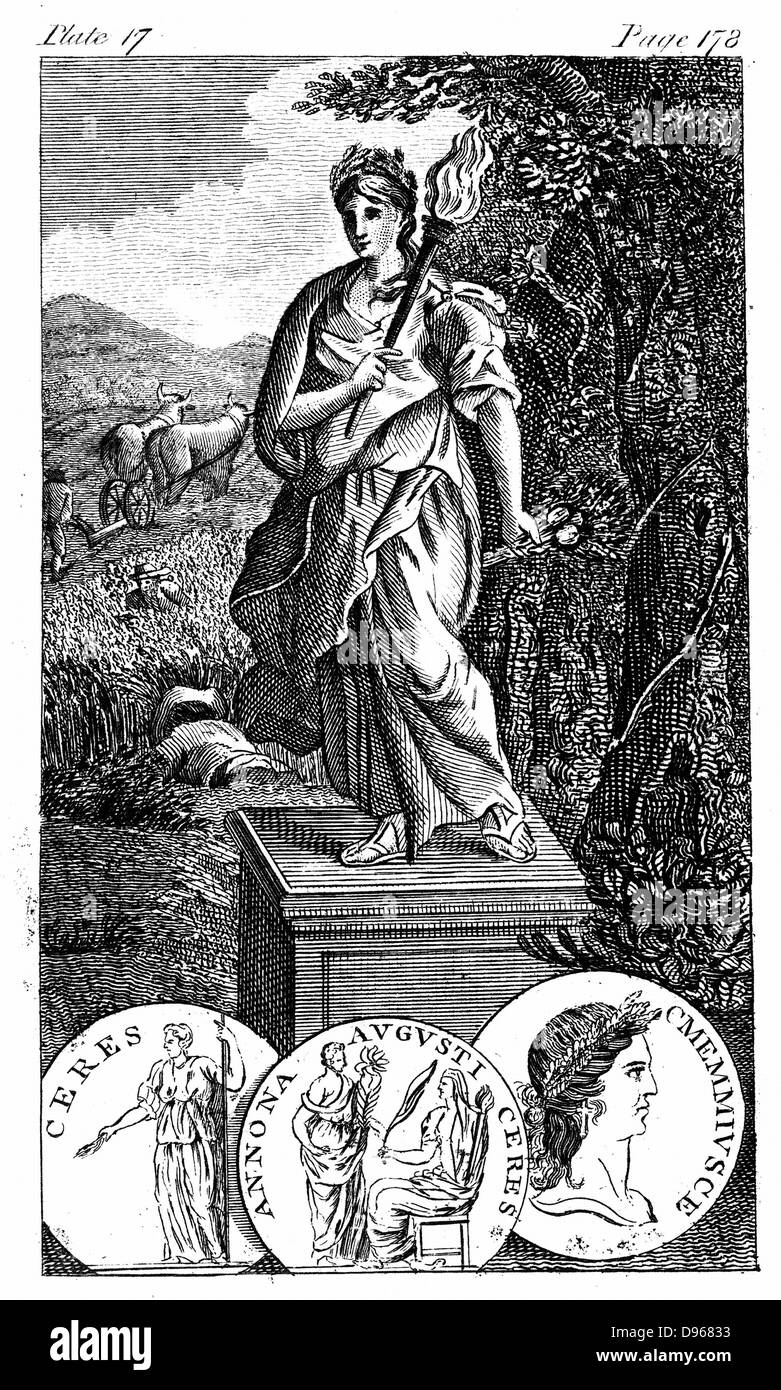 Ceres - Roman goddess of agriculture and corn (Greek Demeter), mother of Persephone/Proserpine. Copperplate engraving. Stock Photo