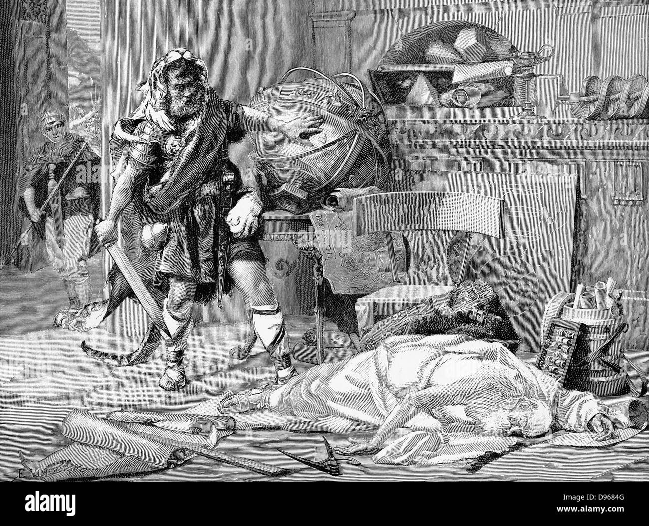 Archimedes (c287-212 BC) Ancient Greek mathematician and inventor. The death of Archimedes at the capture of Syracuse by the Romans. Engraving of late 19th century painting Stock Photo