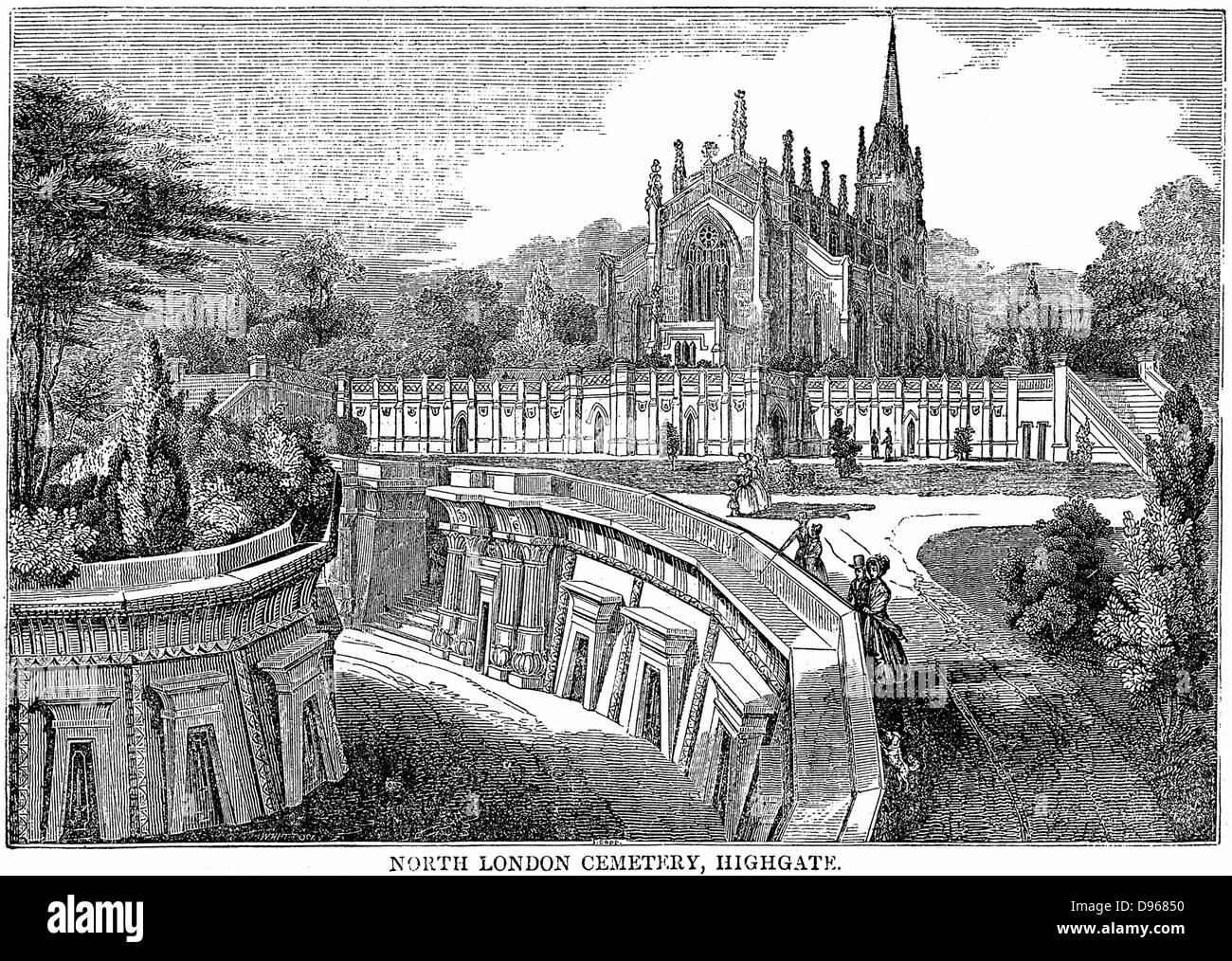 North London Cemetery, Highgate. The Lebanon Catacombs, terrace and sepulchres built in the Egyptian architectural style popular at this time. Wood engraving 1838. Stock Photo