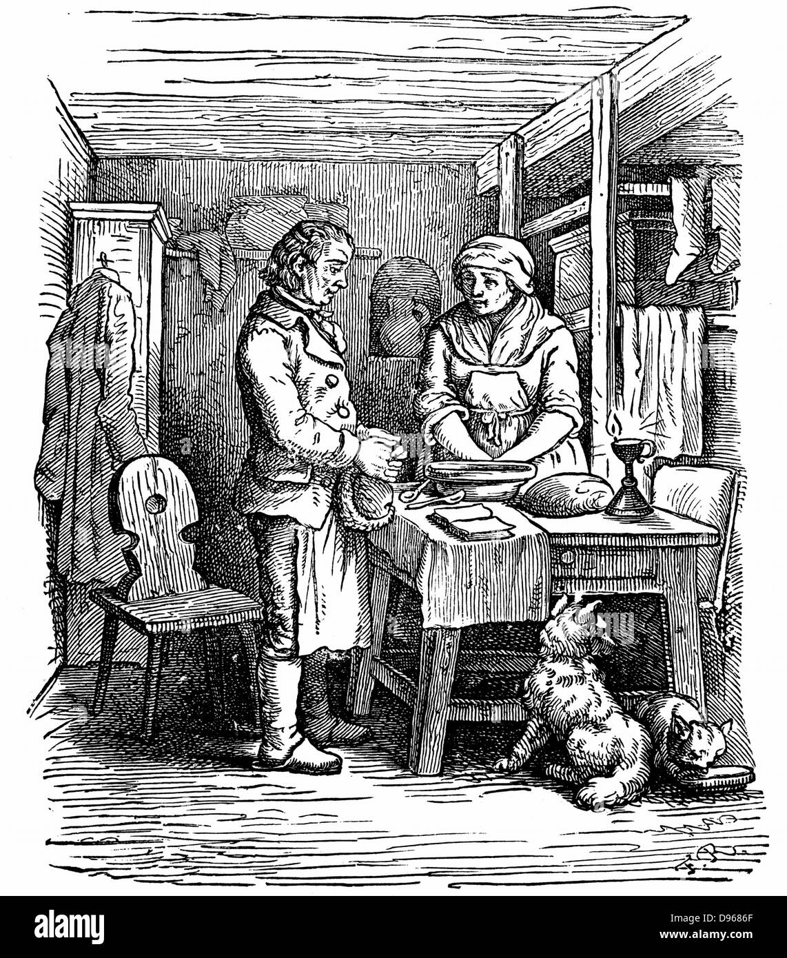 Richard Arkwright (1732-1792) British industrialist and inventor, hearing from a neighbour about clockmaker named Kay living at Warrington. Arkwright and Kay produced model of a spinning machine which was shown at Preston in 1768. Woodcut 1822 Stock Photo