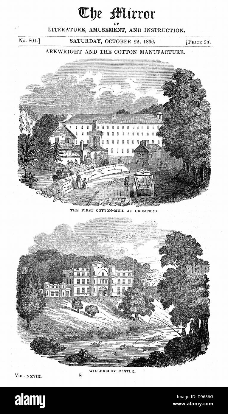 Richard Arkwright (1732-1792). British industrialist and inventor. Water-powered spinning frame. Top: Cotton mill at Cromford, Wirksworth, Derbyshire which Arkwright fitted with his water frame. Bottom: Willersley Castle, the house Arkwright built for him Stock Photo