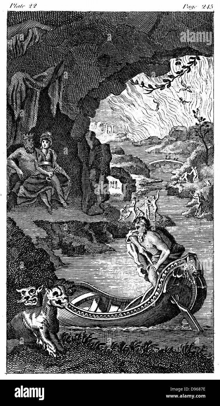 Hades, showing Charon the ferryman, Cerberus, three-headed dog guarding entrance, Pluto and Proserpine/Persephone  (centre left) and River Lethe. 18th century engraving. Stock Photo