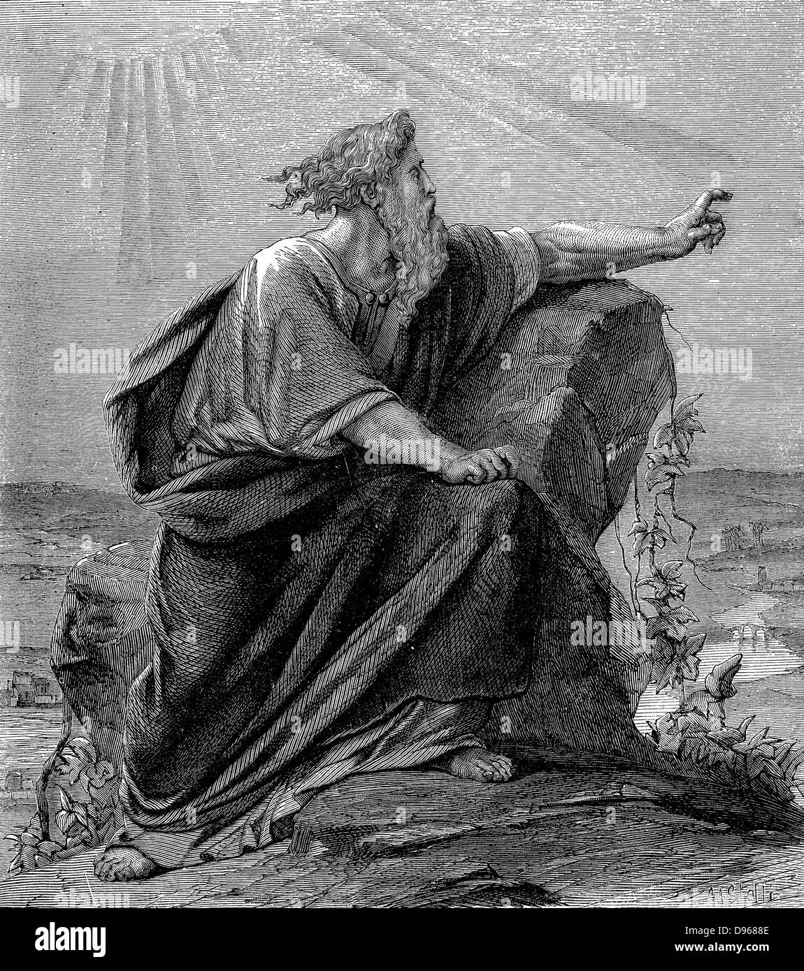 Moses, Old Testament prophet, having led his people out of captivity and through the wilderness, views the Promised Land on which he will never set foot. 'Bible' Deuteronomy 34. Wood engraving c1860 Stock Photo