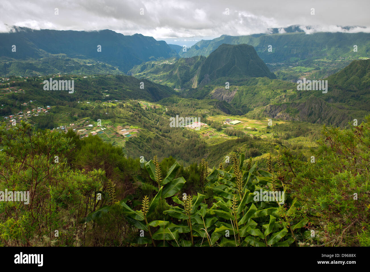 View across the Cirque de Salazie caldera on the French island of Reunion in the Indian Ocean. Stock Photo