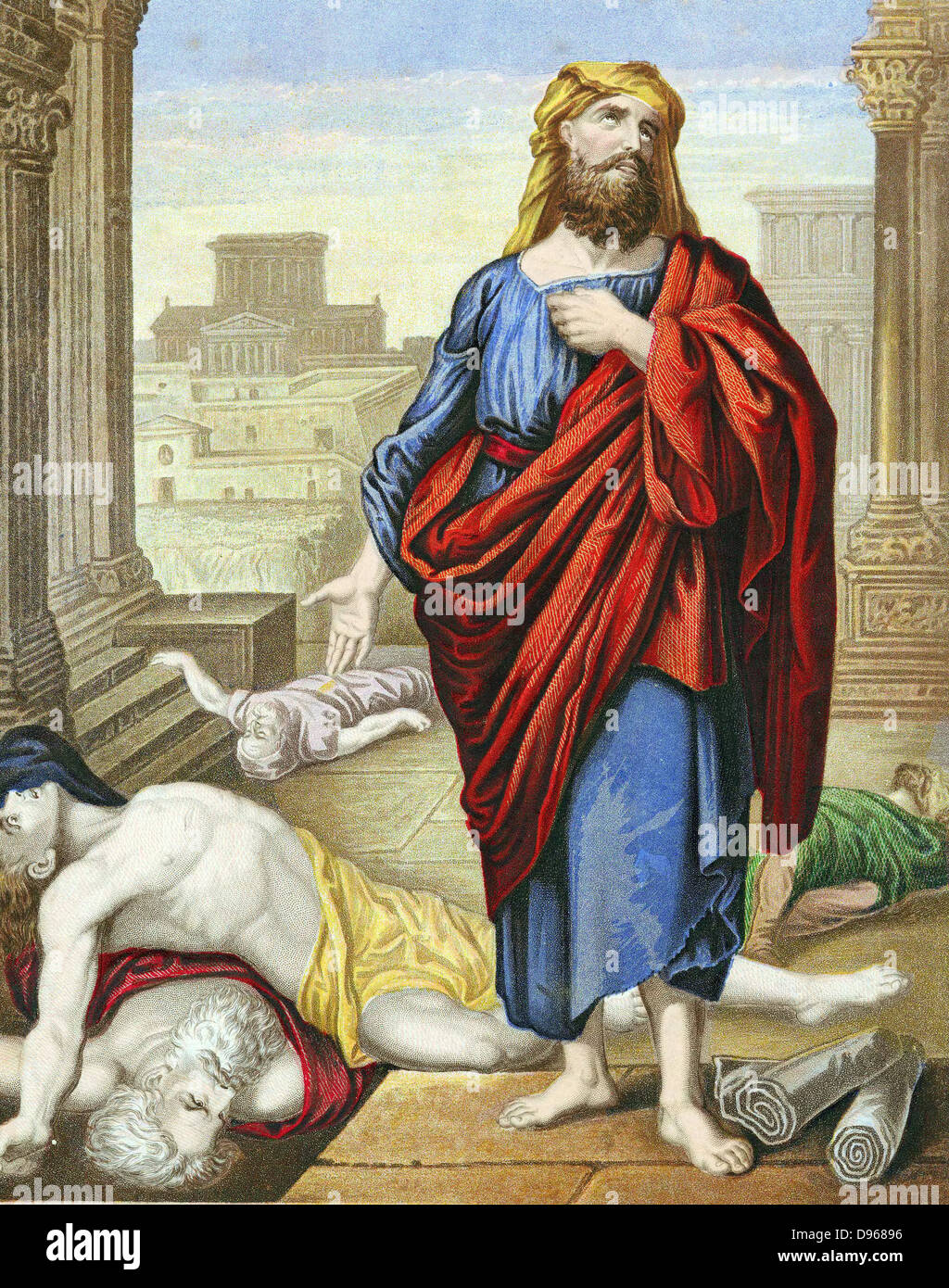 Jeremiah lamenting over the misery of Jerusalem. 'Bible': Lamentations 2.  7th century BC Old Testament prophet. Warned of fall of Jerusalem to Nebuchadrezzar (Nebuchadnezzar) and exile in Babylon. Foretold coming of Messiah. Chromolithograph c1860 Stock Photo