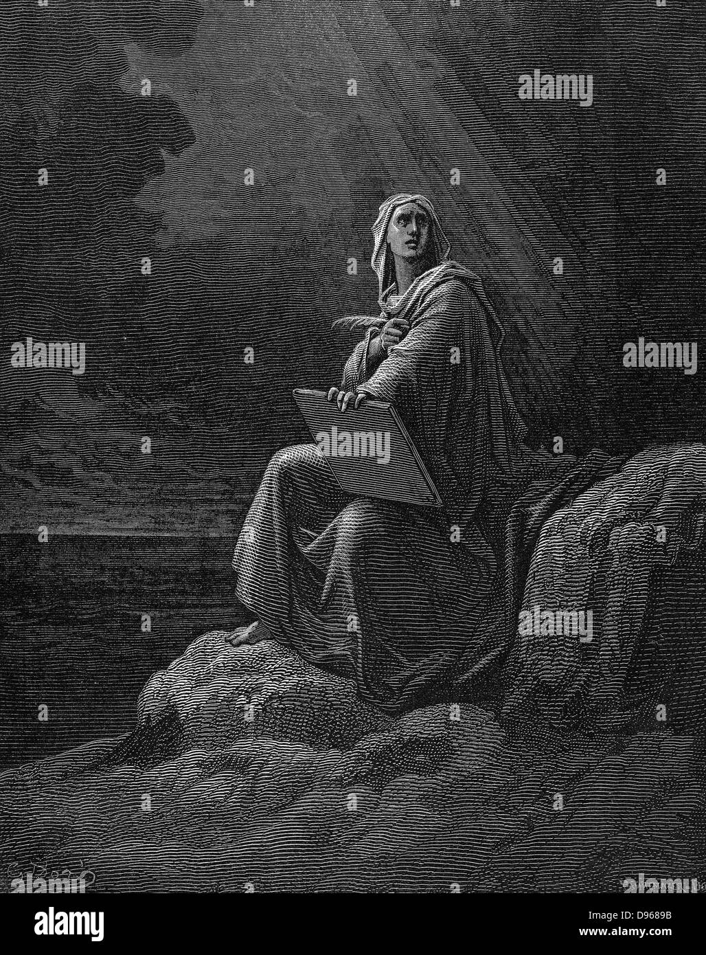 St John on Patmos. Illustration by Gustave Dore for the Bible 1865-6. Wood engraving Stock Photo