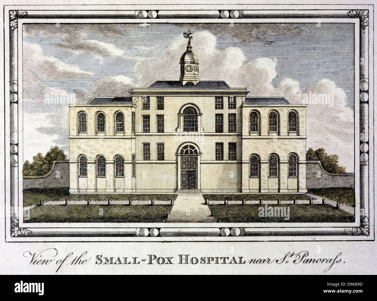 Smallpox Hospital, St Pancras, London c1800. Fever (isolation) hospitals for highly infectious diseases built outside cities. At this time, before rapid expansion of London, St Pancras was a rural village. Engraving. Stock Photo