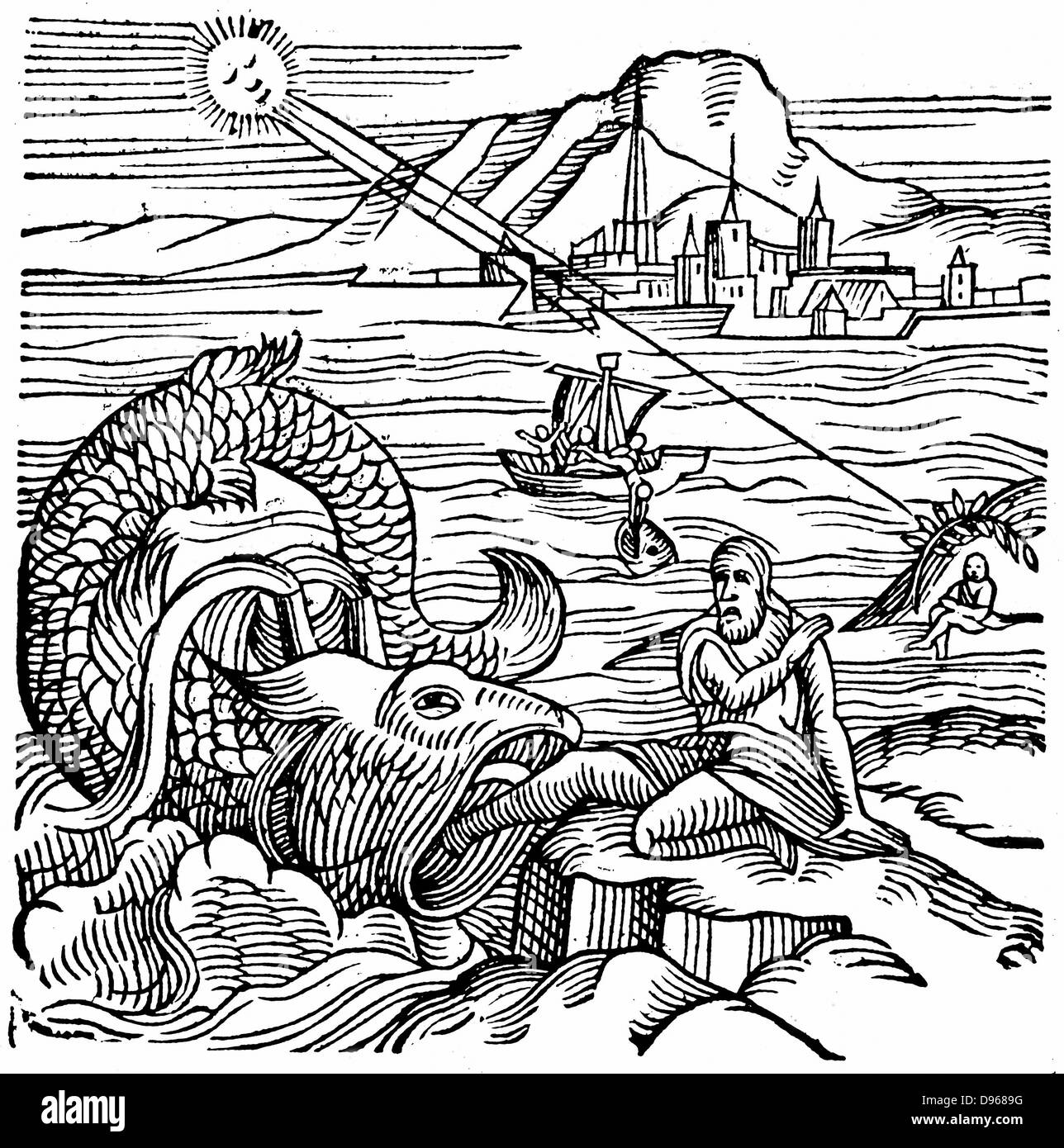 Jonah being spewed up by the whale. In middle of picture he is shown falling overboard and being swallowed. From Conrad Lycosthenes 'Prodigiorum ac ostentorum chronicon' Basel 1557. Woodcut. Stock Photo