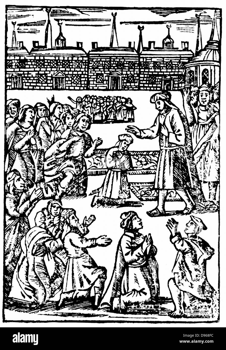 Shabbetai Zevi (1626-1676) Turkish-born Jew who claimed to be the Messiah. Here blessing Jewish congregation at Smyrna c1665. From 'The Counterfeit Messiah or False Christ of the Jews'. Woodcut Stock Photo