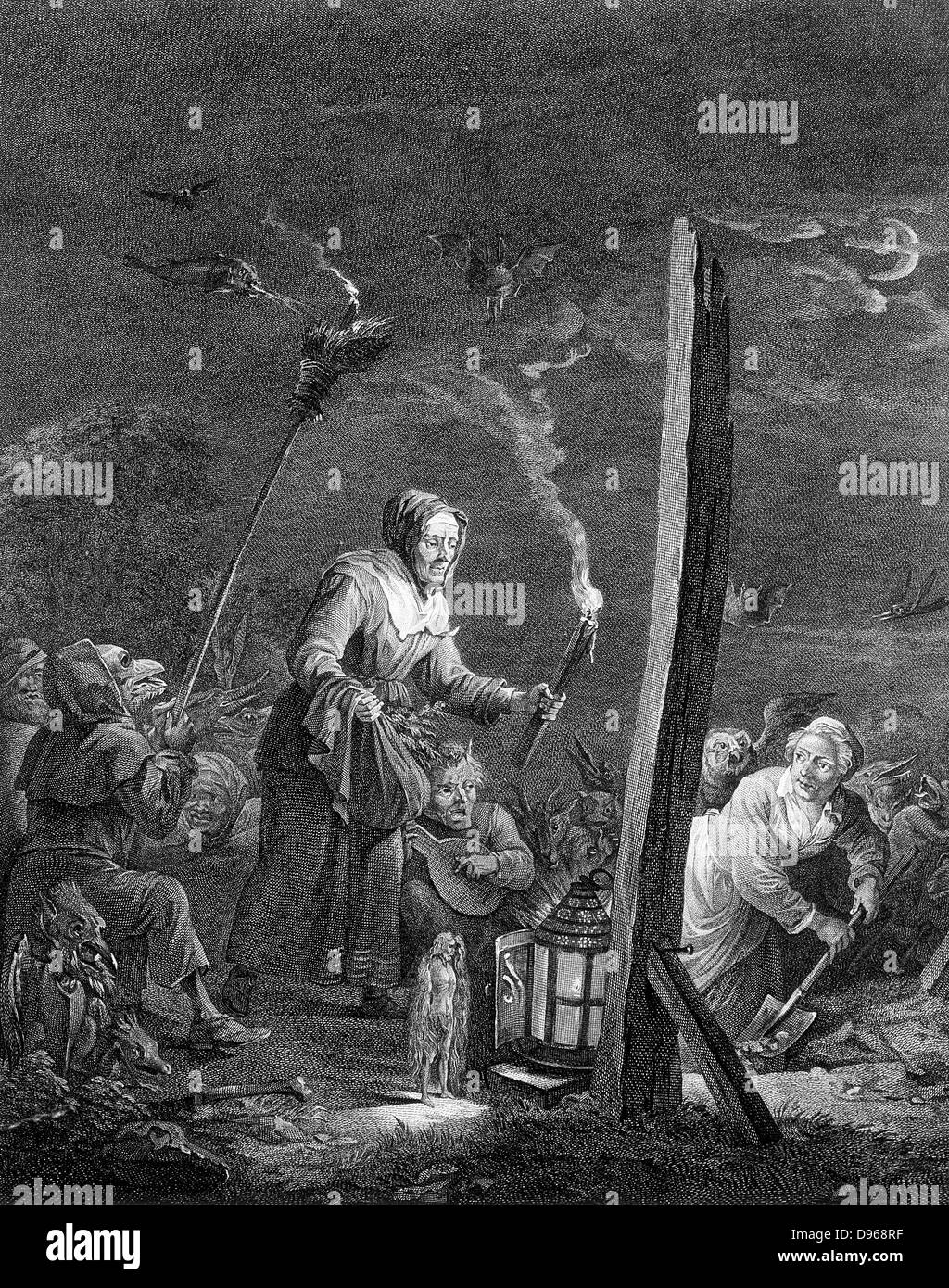 The Witches' Sabbath. Engraving after David Teniers the Younger (1610-1690) Stock Photo