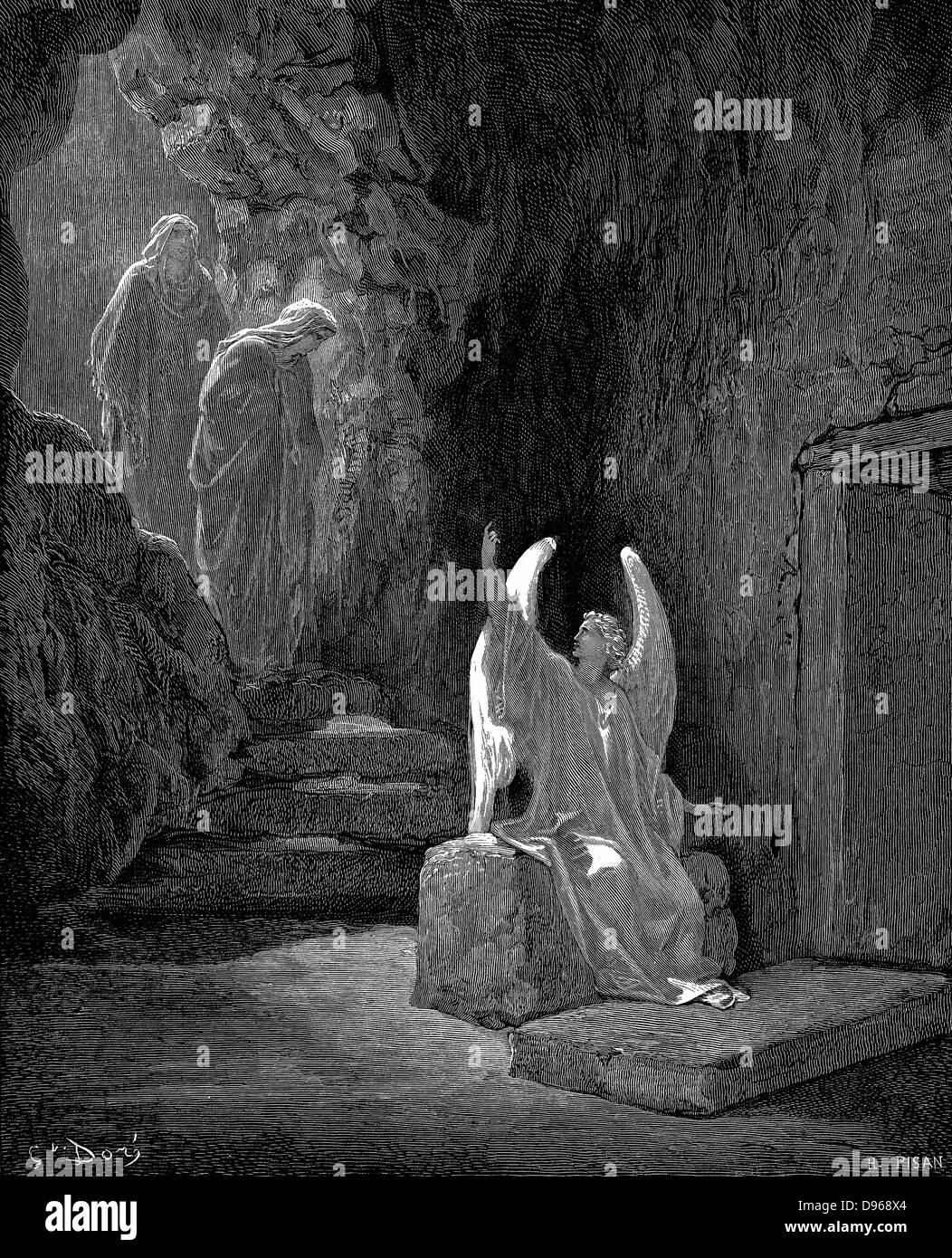 Angel showing Mary Magdalene and 'the other Mary' Christ's empty tomb. Mark 16.5. From Gustave Dore illustrated 'Bible' 1865-6. Wood engraving Stock Photo