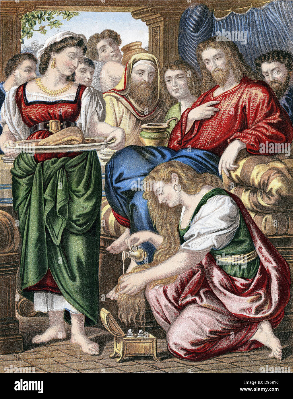 Mary Magdalene annointing the feet of Jesus. 'Bible' John 12. Chromolithograph c1860 Stock Photo