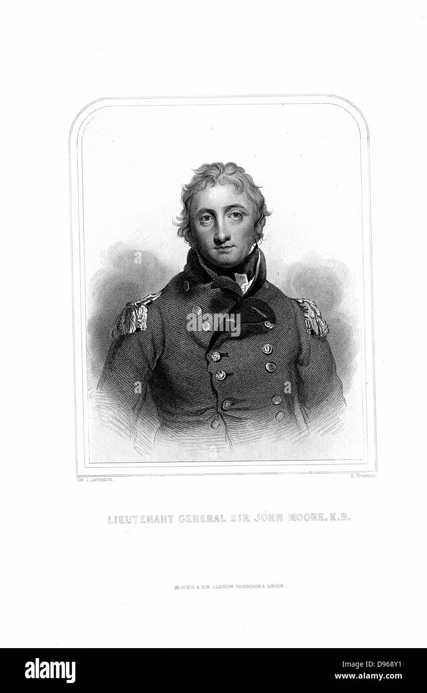 John Moore (1761-1809) Scottish-born British soldier: Lieutenant-General. Defeated Soult at Corunna (La Coruna) 16 January 1809 but fatally wounded. Subject of Charles Wolfe's poem (1817) 'The Burial of Sir John Moore'  Engraving. Stock Photo