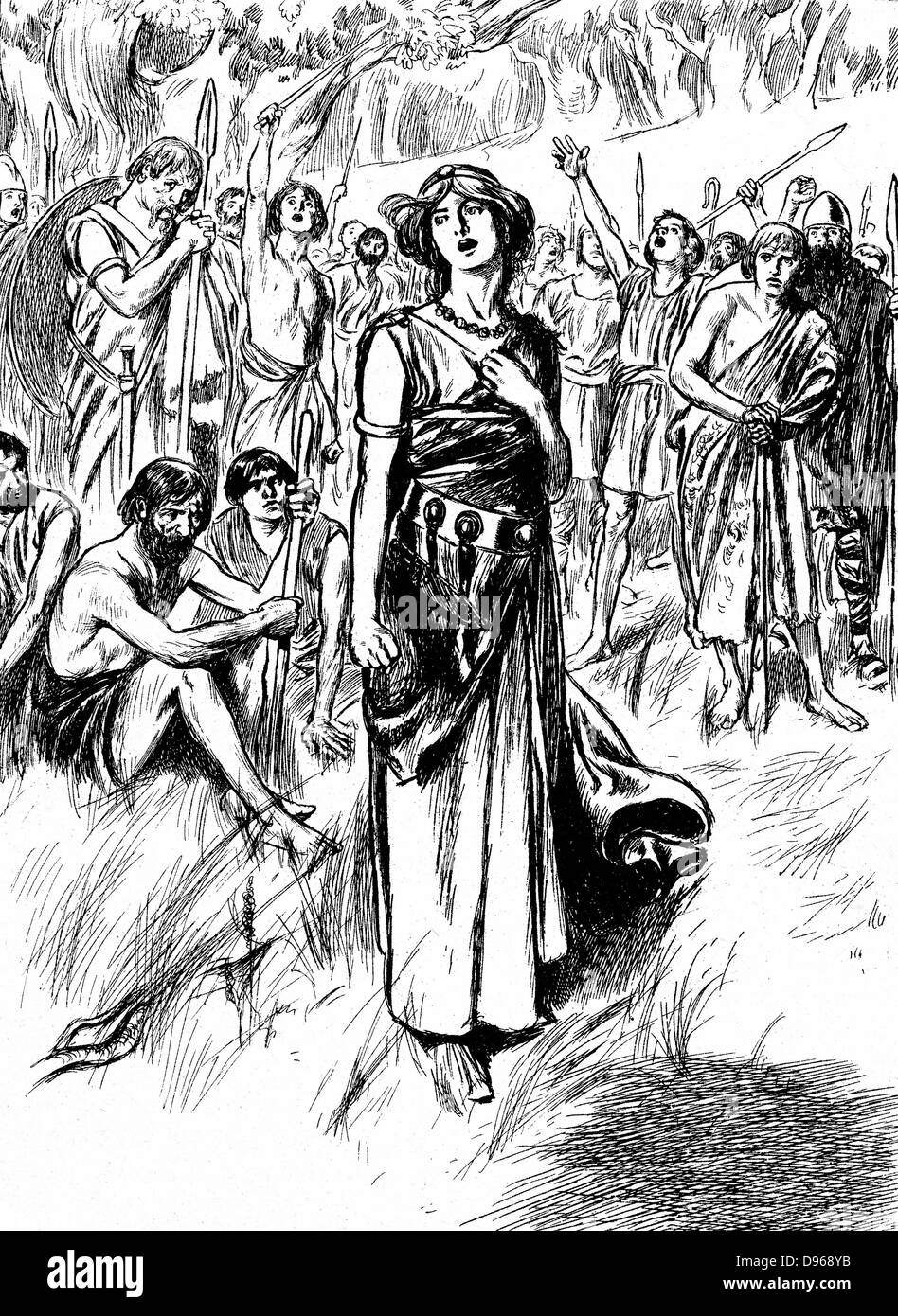 Boudicca (Boadicea) lst century British queen of Iceni, rallying her troops. Finally overwhelmed by Romans, Boudicca is said to have taken poison. Wood engraving c1900 Stock Photo
