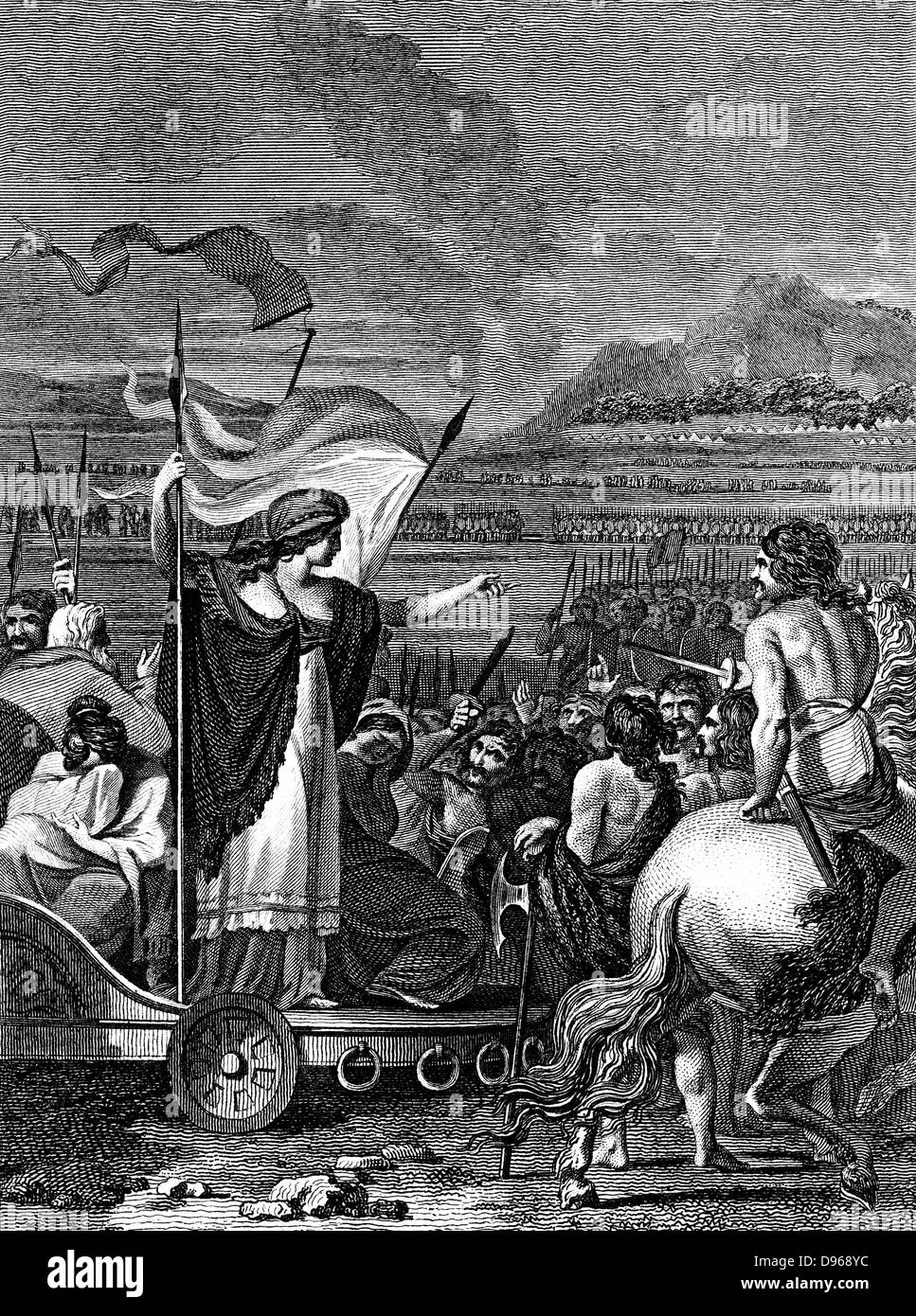 Boudicca (Boadicea) lst century British queen of Iceni, standing in her chariot with her weeping, dishonoured daughters raped by the Romans, haranguing her troops. Finally overwhelmed by Romans, Boudicca is said to have taken poison. Copperplate engraving 1824 Stock Photo