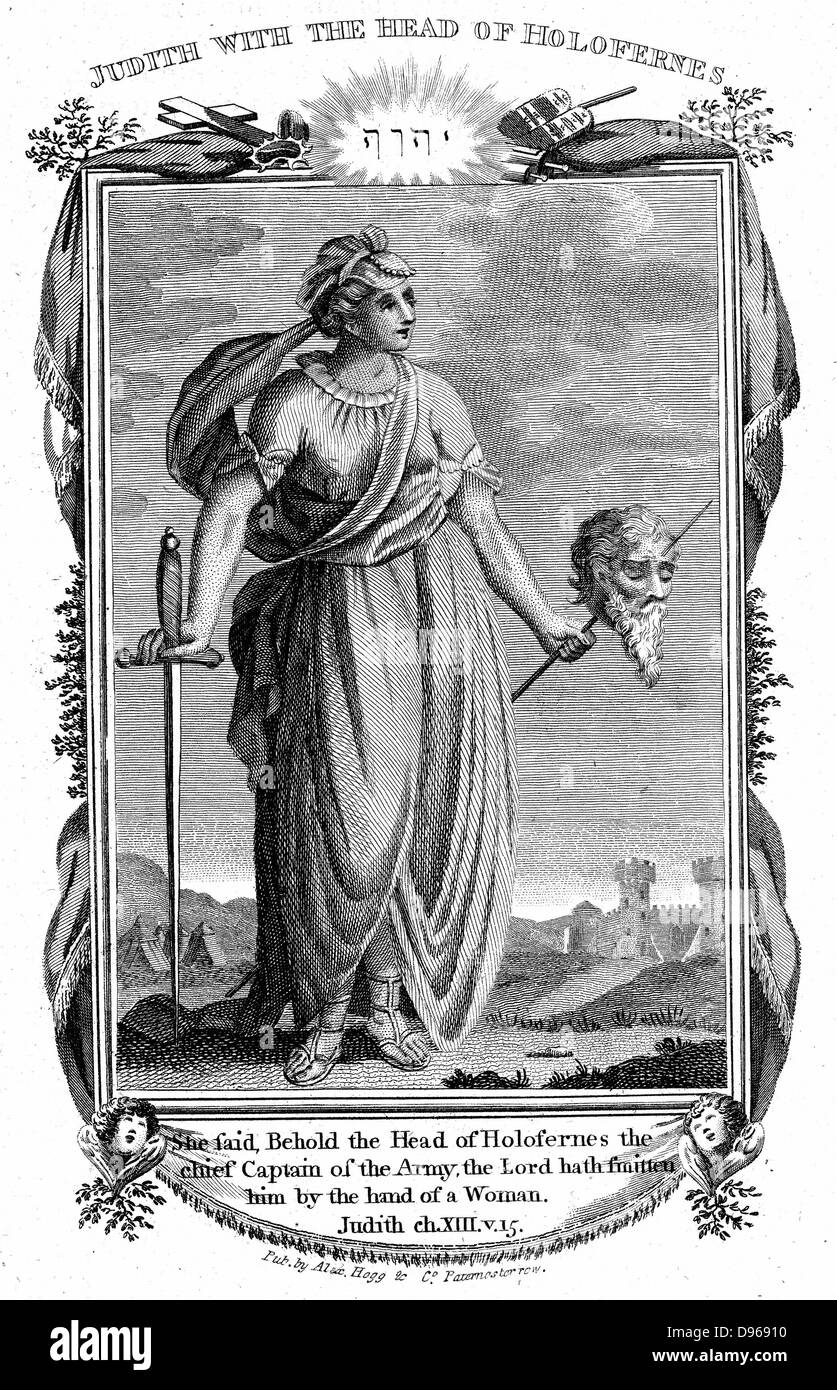 Judith, Jewish heroine, having gained confidence of Assyrian general Holofernes, cuts off his head and saves the town of Bethulia from capture. 'Bible' Judith 13:10. Copperplate engraving c1804 Stock Photo