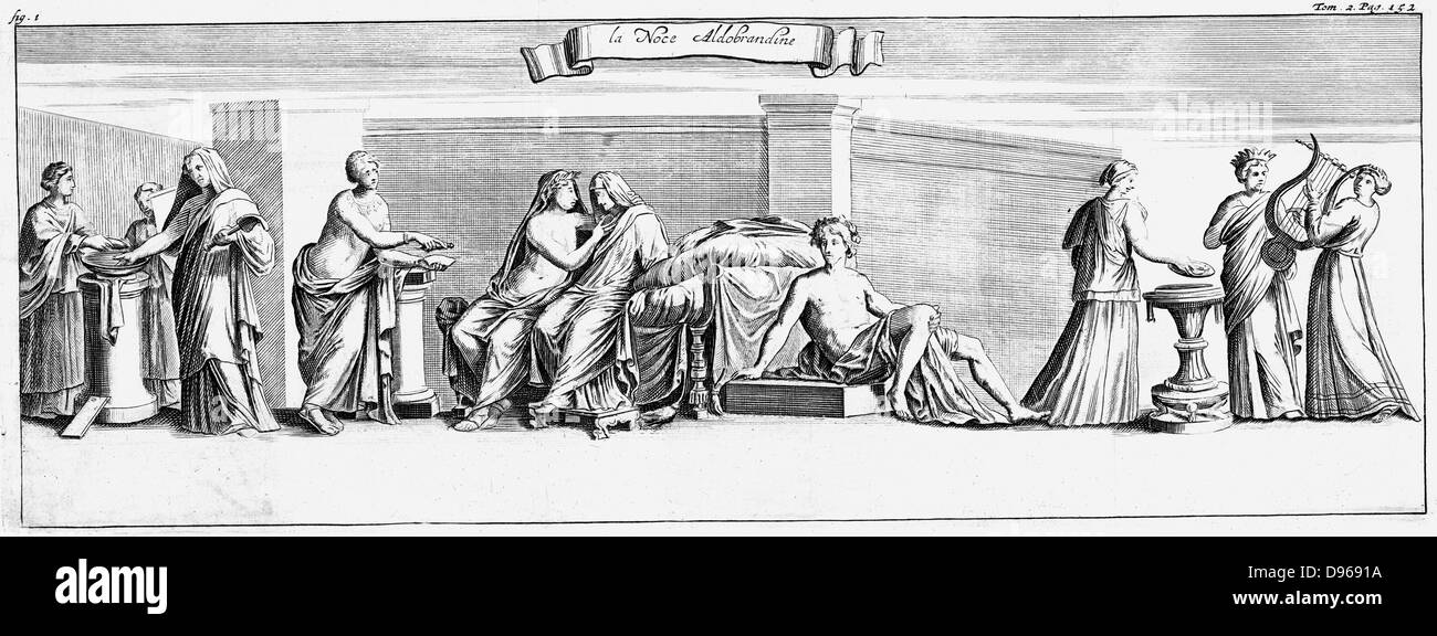 Roman marriage ceremony. Copperplate engraving after antique painting at the Aldobrandin Palace Stock Photo