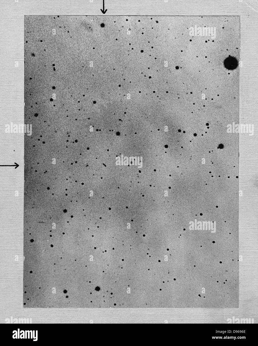 Long exposure of star field showing track of the asteroid (planetoid) Sappho against points of stars. Photograph by Max Wolf of Heidelberg 21 March 1892. Negative not converted to positive to avoid any loss of detail. Stock Photo
