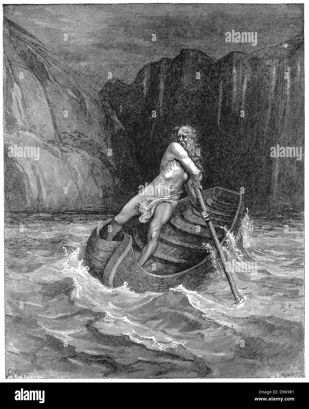 Charon the ferryman rowing to collect Dante and his guide, Virgil, to carry them across the Styx. Illustration by Gustave Dore for Dante 'Inferno', Canto III. Wood engraving 1861. Stock Photo