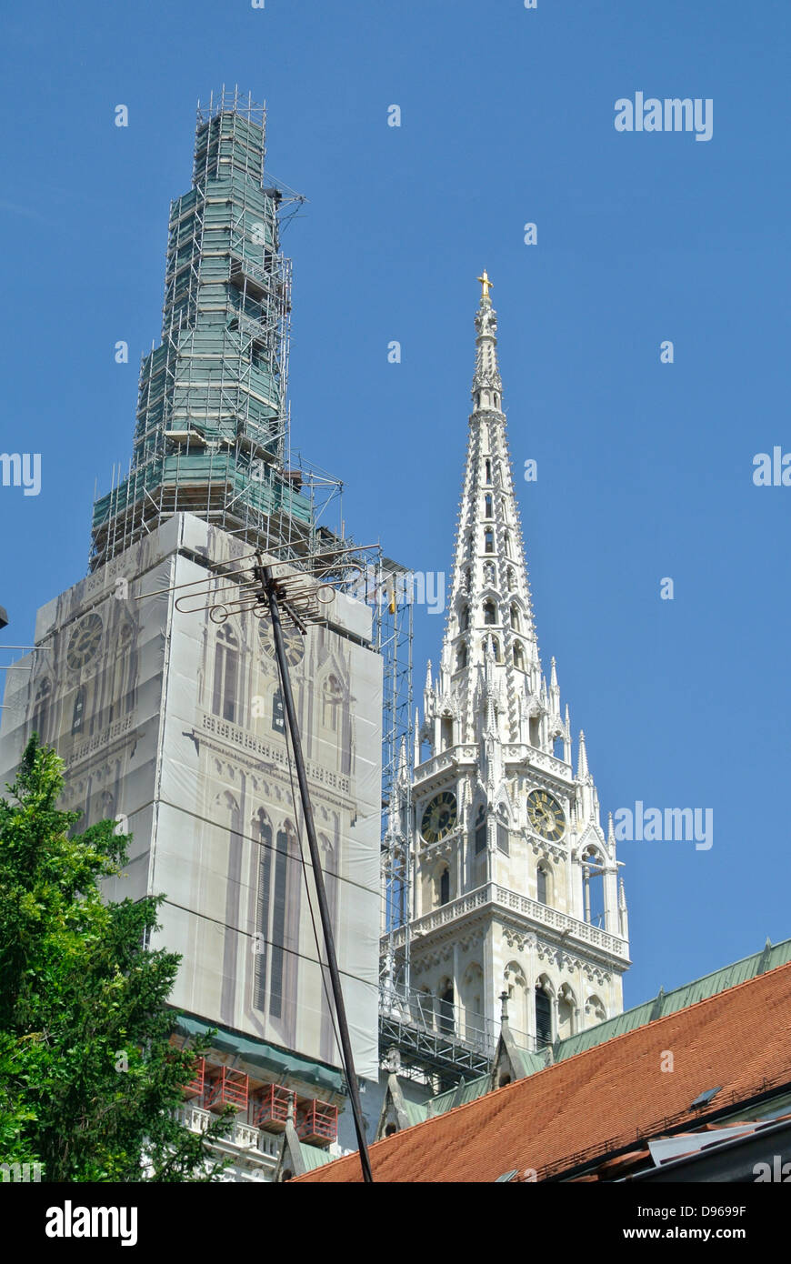 Towers of St Stephen cathedral, Zagreb city center, Croatia, Europe Stock Photo