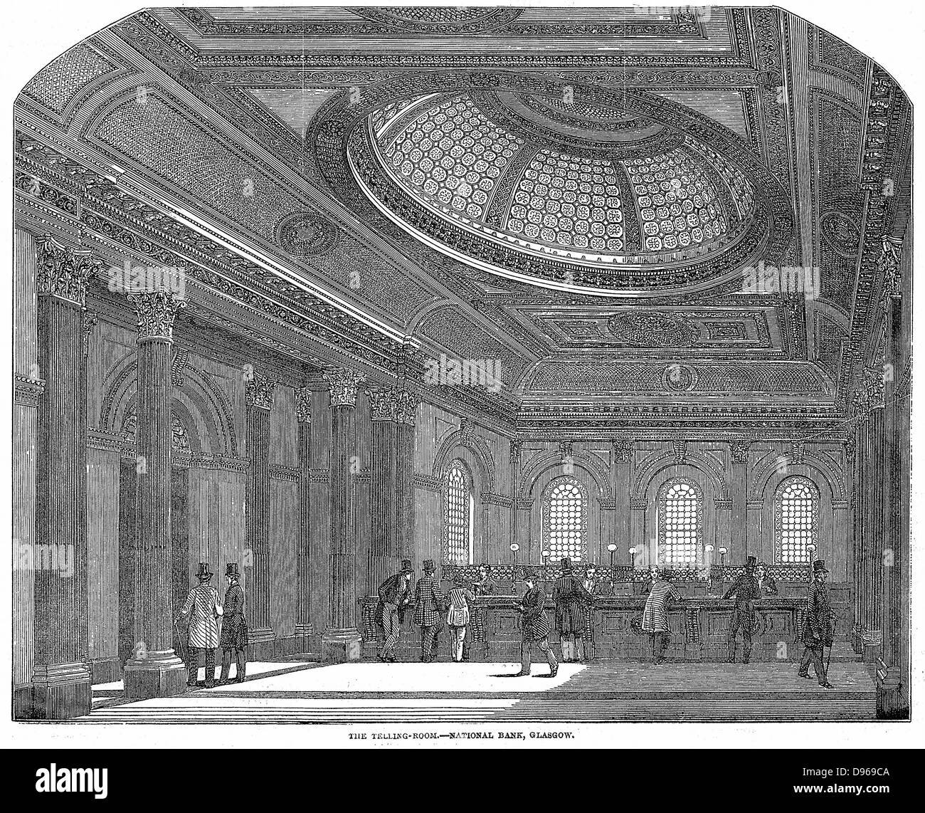 Telling Room, National Bank of Scotland, Glasgow.  Wood engraving c1860. Stock Photo