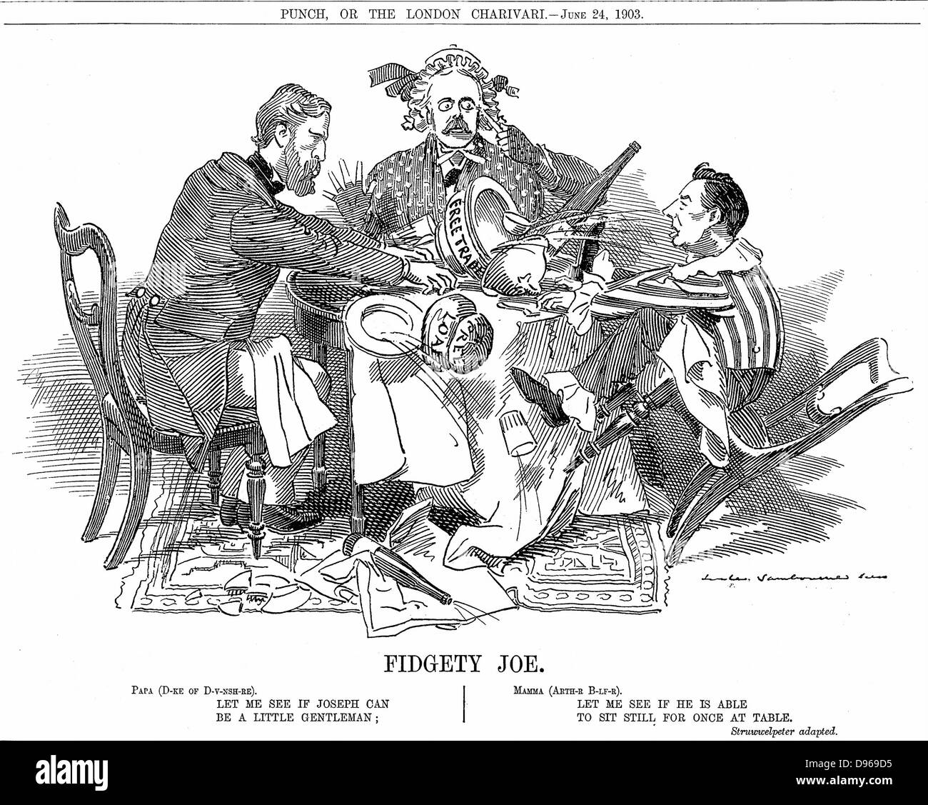 Coalition Government. Duke of Devonshire and Arthur Balfour (centre) trying to control Joseph Chamberlain, leader of junior party in coalition. In September 1903 he resigned to be free to advocate his Tariff Reforms. Cartoon by Edward Linley Sambourne fro Stock Photo