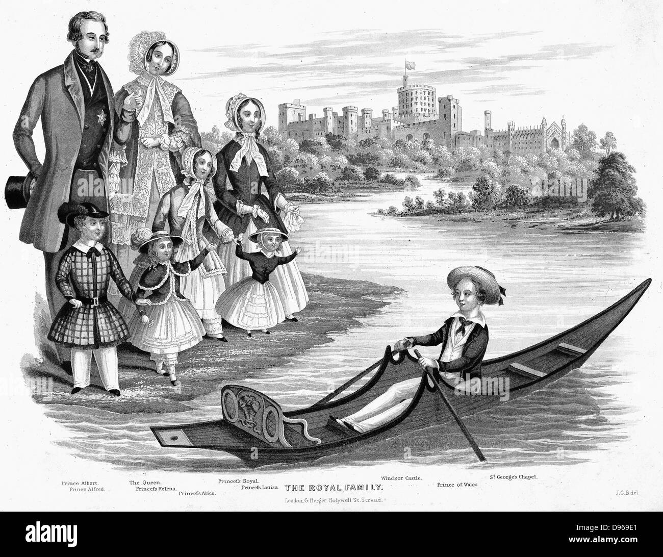 Queen Victoria and Prince Albert with their six eldest children: Louisa the youngest shown here, born 1848. In boat is Prince of Wales (later Edward VII)  Aquatint c1850 Stock Photo