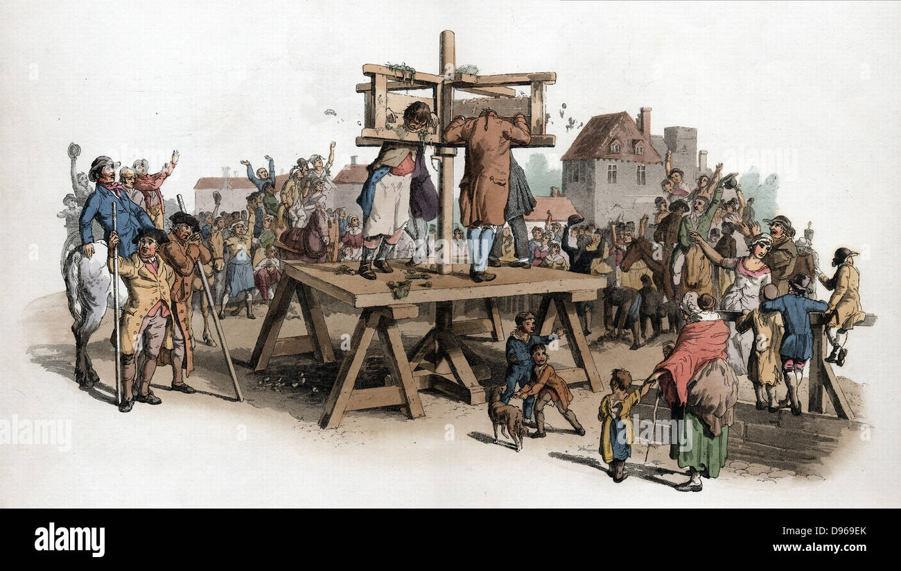 The Pillory. Four men being punished in the pillory jeered at by a crowd. By this date among crimes punishable by pillory were embezzlement of state property, perjury and swindling. Aquatint from WH Pyne 'Costume of England' London 1805. Stock Photo