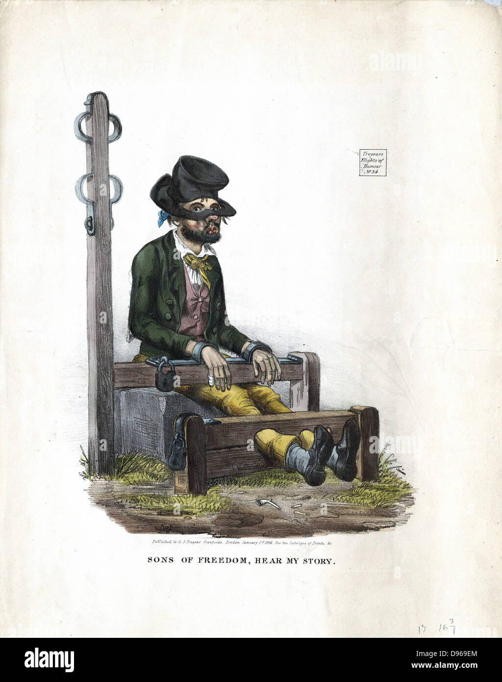 Man, looking as if he has been in a drunken brawl, serving his sentence in the village stocks. Attached to stocks is the pillory post with constraints for the arms. Lithograph London 1834 Stock Photo