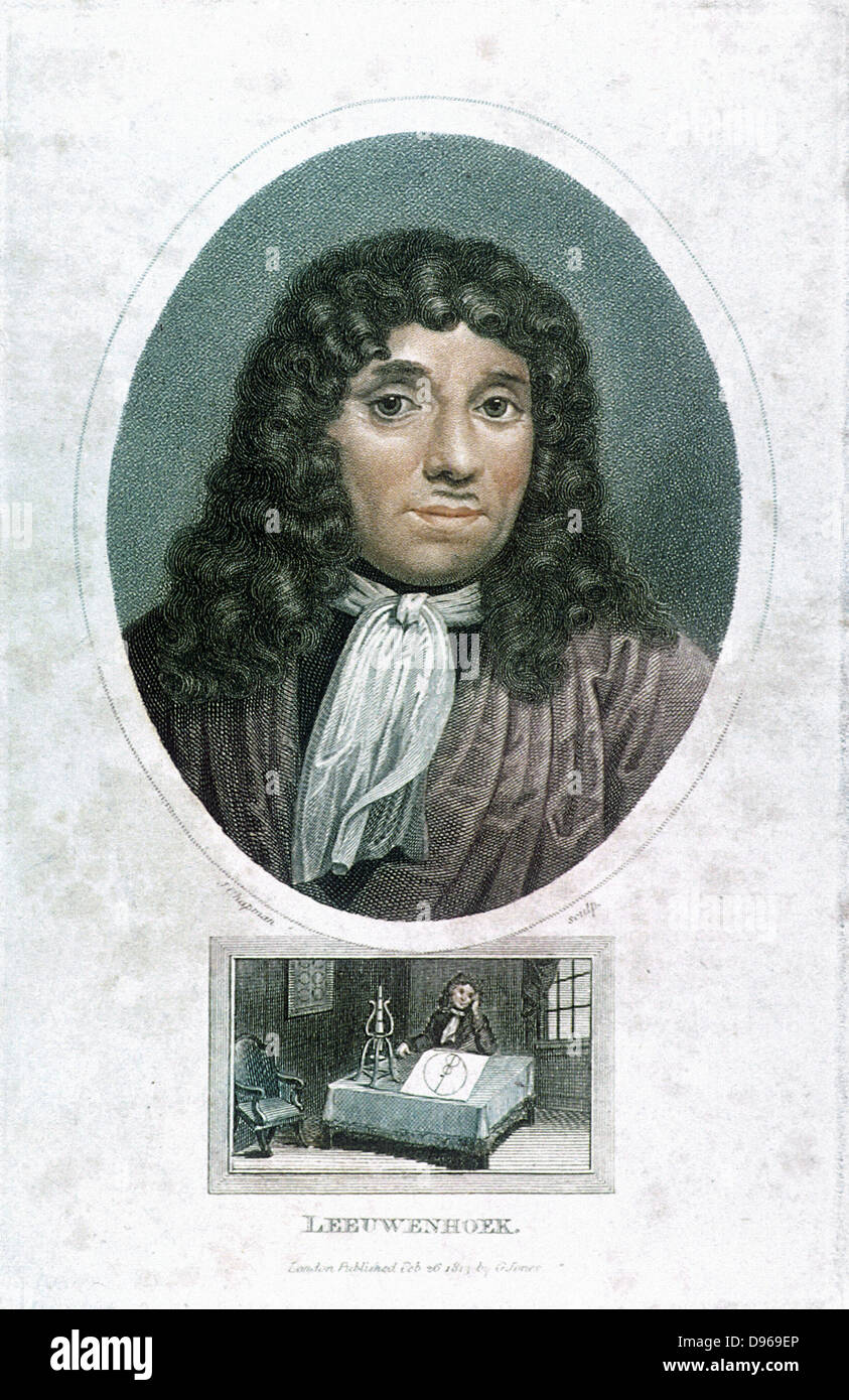 Anton von Leewenhoek (1632-1723) Dutch microscopist. Hand-coloured engraving c1810. Stock Photo