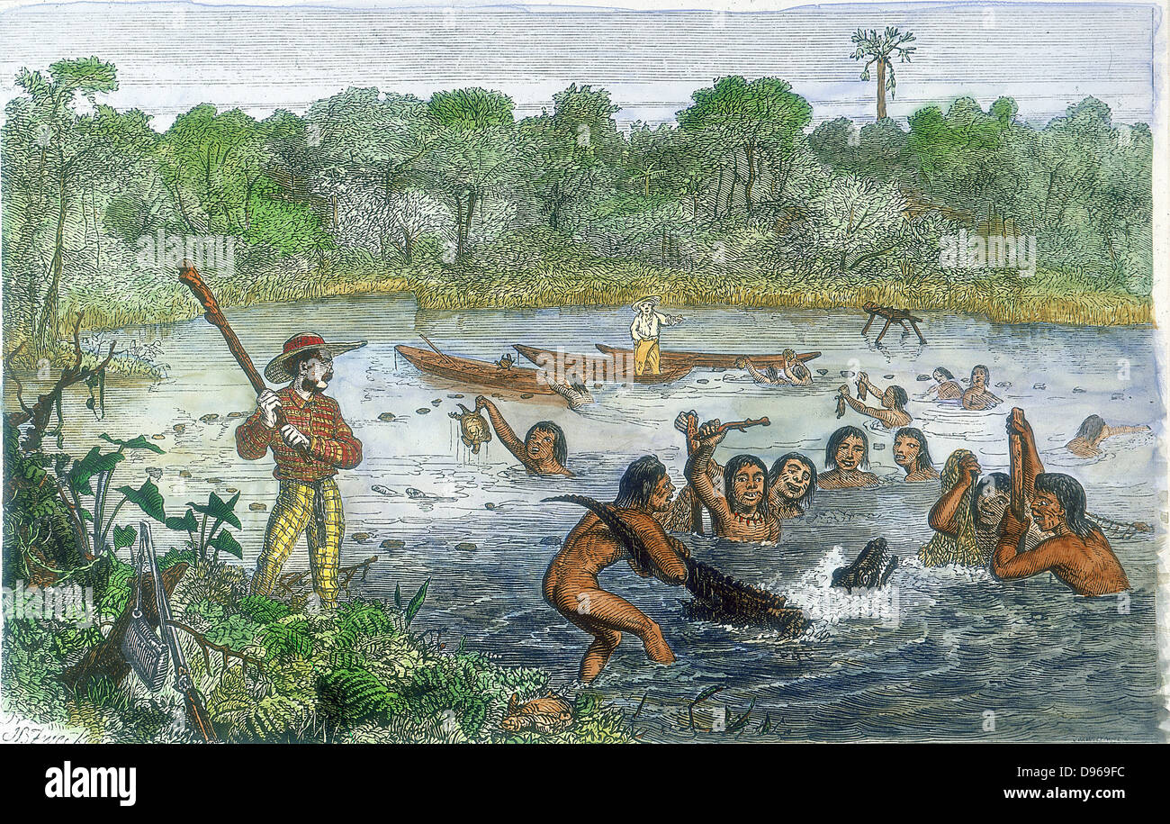Henry Walter Bates (1825-92) English traveller and naturalist who, with Alfred Russell Wallace, explored the Amazon (1848-1859). Bates, with native help, capturing an alligator on the River Amazon. Natives also presenting specimens of turtles. Hand-coloured engraving. Stock Photo