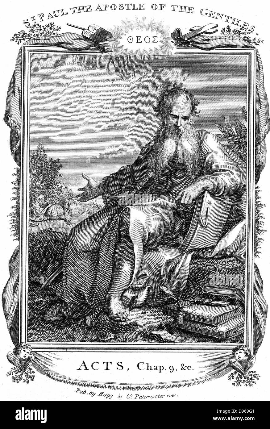 St Paul the Apostle who took Christian message to the Gentiles. In background is his conversion on road to Damascus.  At his feet are books and writing materials representing his Epistles. Copperplate engraving early 19th century. Stock Photo