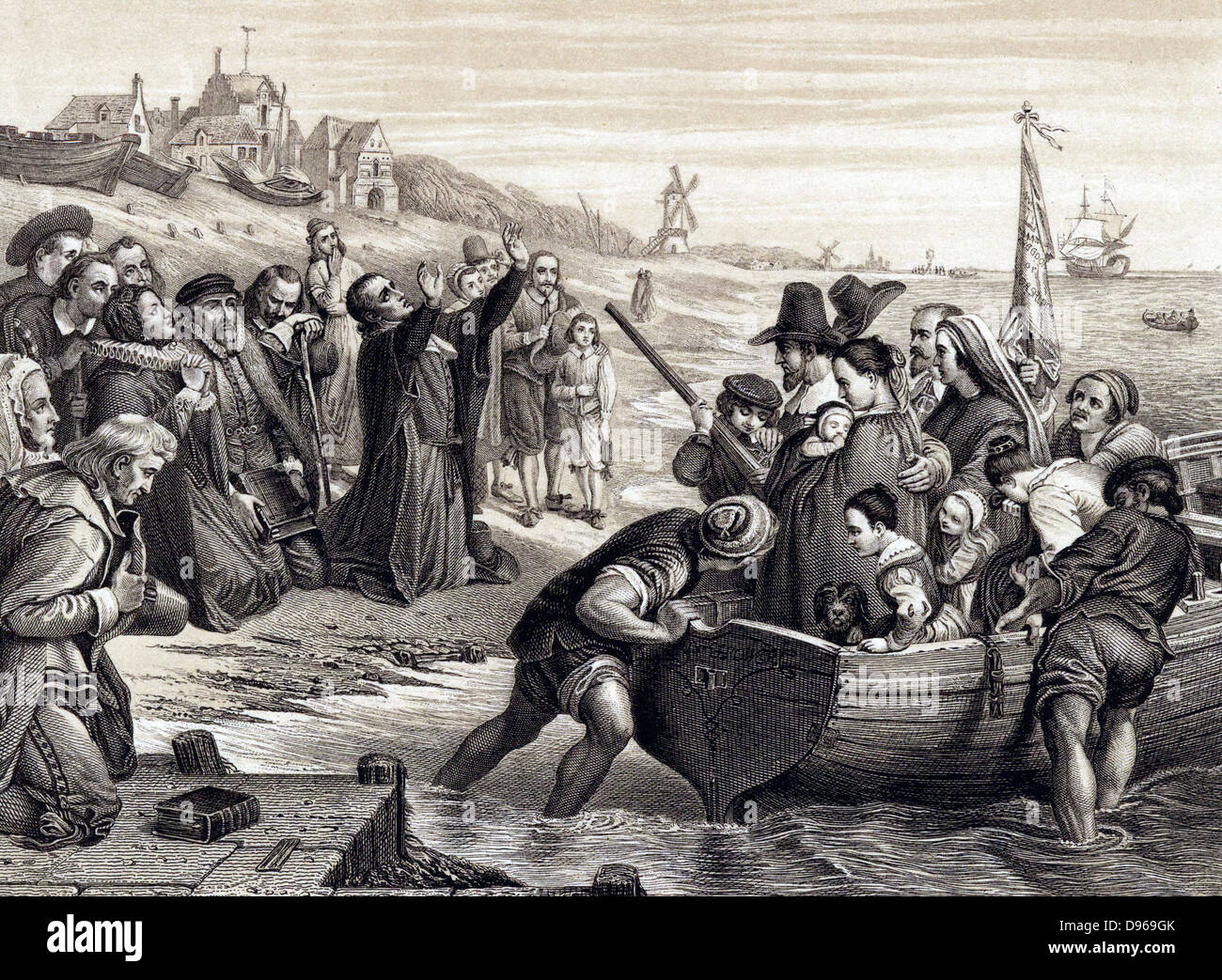 Pilgrim Fathers, members of English Separatist Church sect of Puritans,  leaving Delft Haven on their voyage to America July 1620. 1878 engraving after fresco by CW Cope. Stock Photo