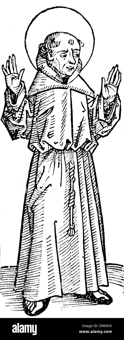 Francis of Assisi (1182-1226) holding up hands to show stigmata. Italian. Founder of the Franciscan order. From Hartmann Schedel 'Liber chronicarum mundi' (Nuremberg Chronicle) Nuremberg 1493. Woodcut. Stock Photo