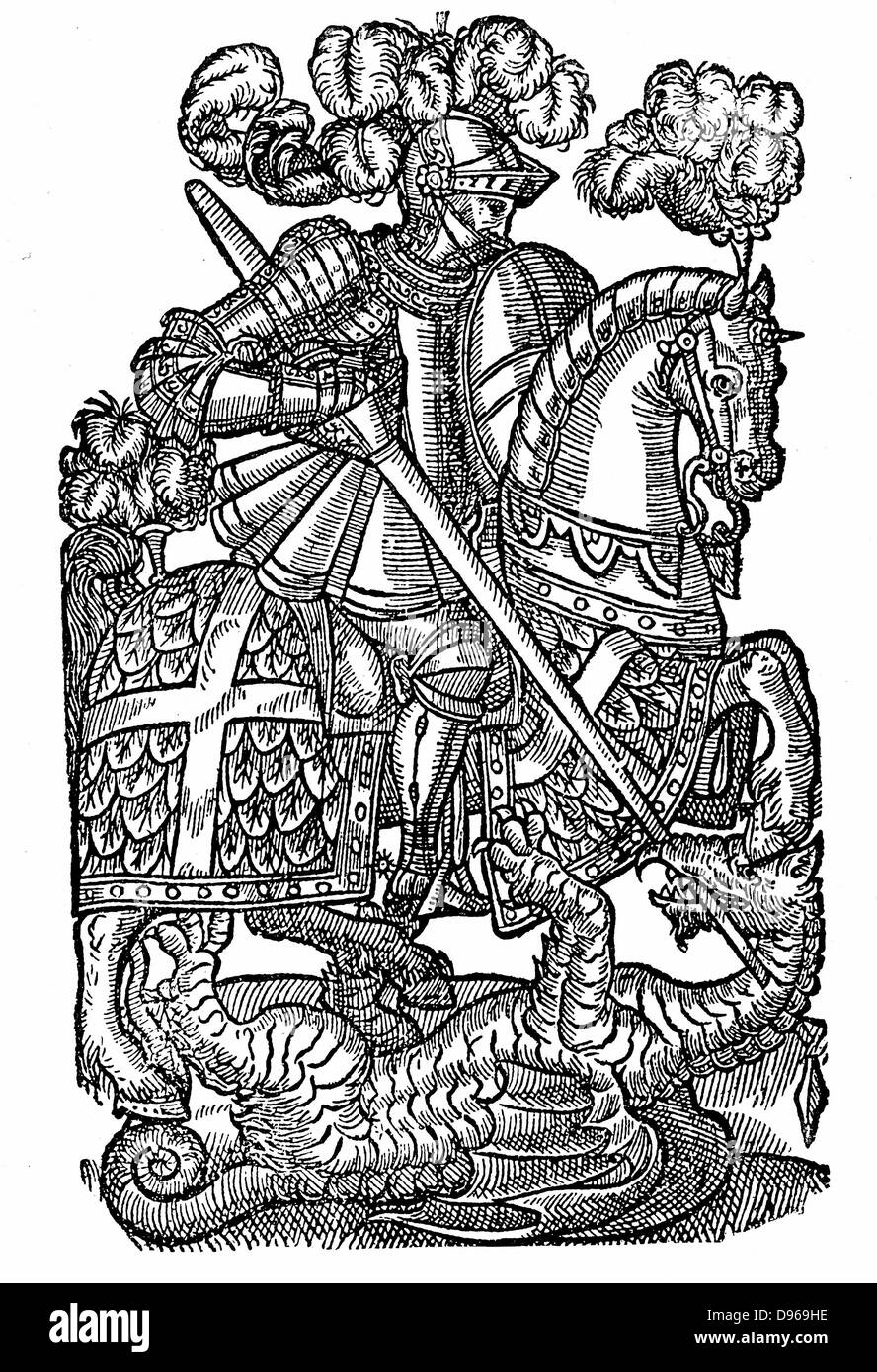 St George (dc303), the Red Cross Knight,  killing the Dragon. Perhaps Roman centurion beheaded near modern Tel Aviv. Patron saint of  England, Catalonia, Genoa, Greece, Portugal, Russia, Venice, and of soldiers. Woodcut from 1598 edition of Edmund Spenser (c1552-1599) 'The Faerie Queene'. Stock Photo