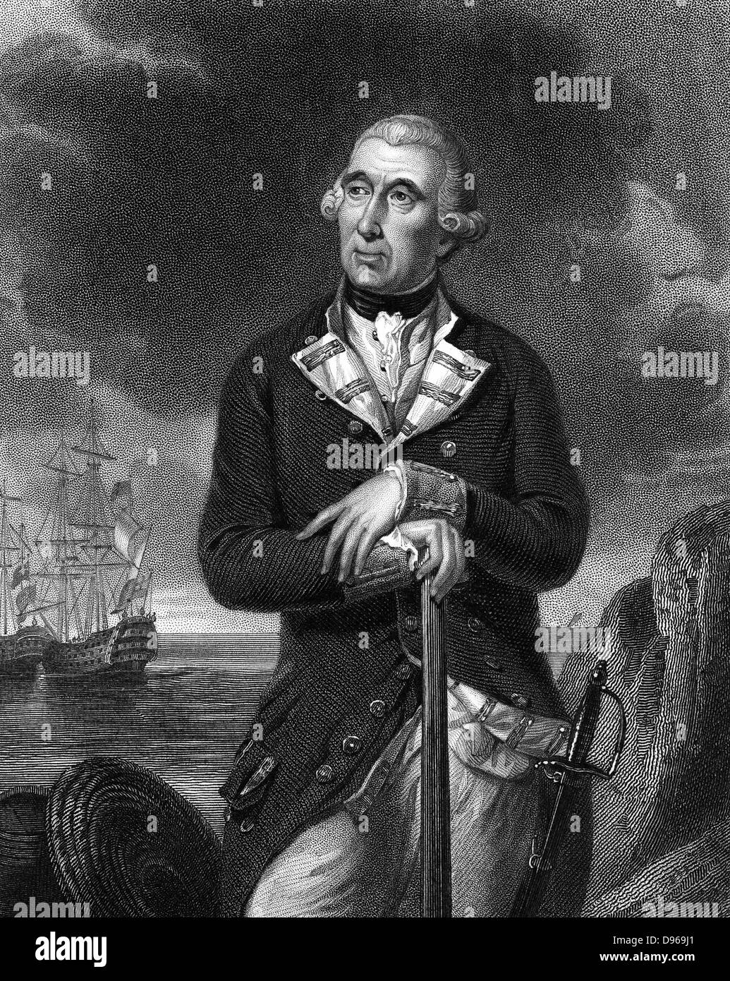 Richard Kempenfelt (1718-1782) English naval officer of Swedish descent. Rear admiral 1780. Command of HM ships in East Indies in Seven Years War (1756-1763). Drowned when his flagship HMS 'Royal George' capsized off Spithead. Engraving after portrait by Tilly Kettle. Stock Photo