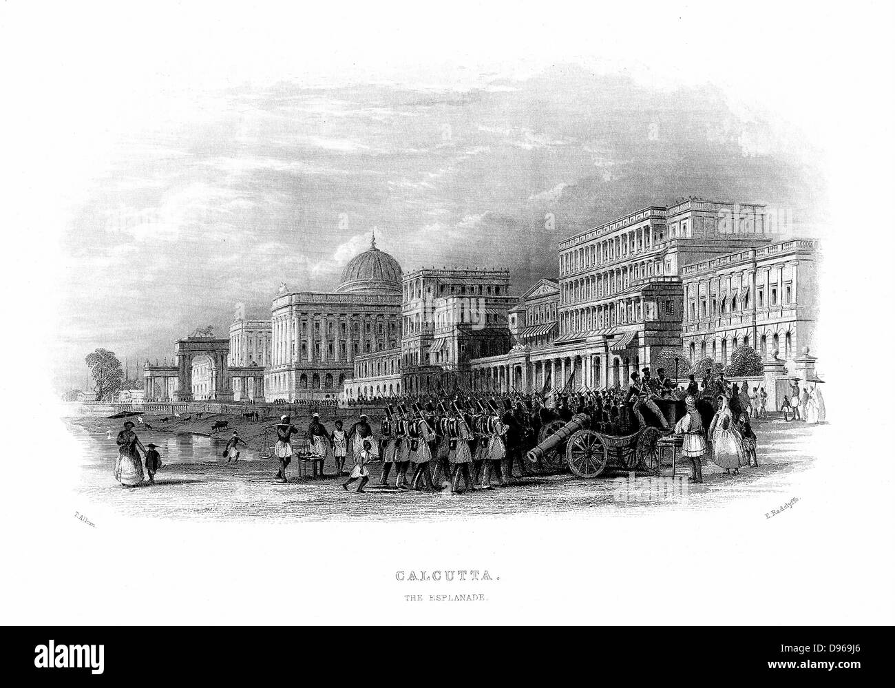 British troops parading on the Esplanade, Calcutta, India. Mid-19th century steel engraving. Stock Photo
