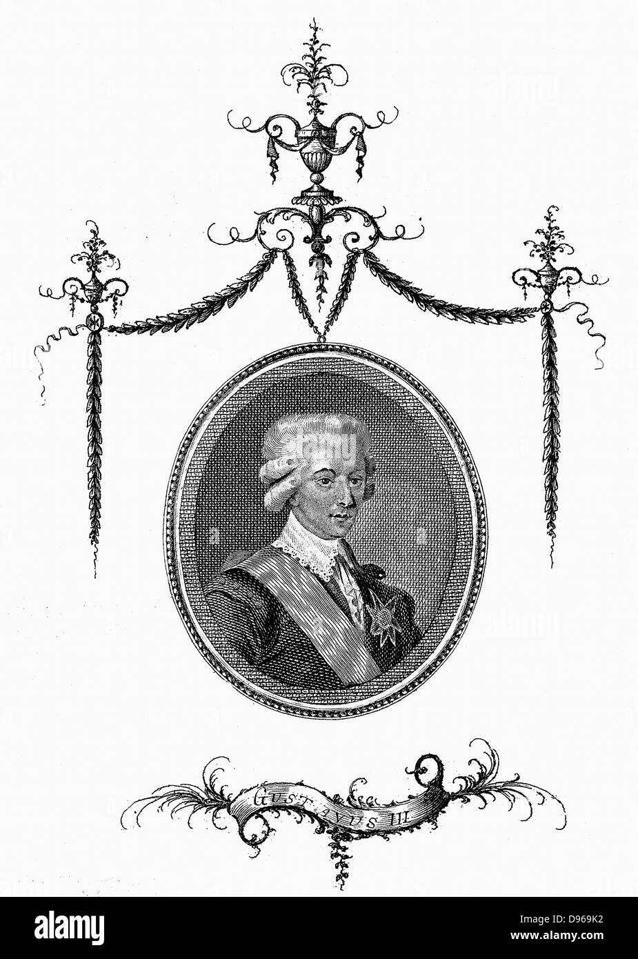 Gustav III (1746-92) King of Sweden from 1671.  Assassinated during a masked ball.  Verdi's 1859 opera 'Un ballo in maschera' originally romanticised version of episode, but censorship would now allow  assassination of a king, so plot was transferred to 17th century Boston, Massachusetts. Copperplate engraving. Stock Photo