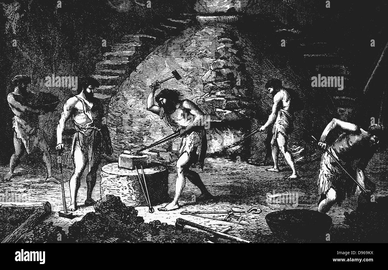 Artist's reconstruction of a late Iron Age forge.  In centre the smith is hammering iron. In background another is working at the furnace.  Wood engraving London 1890 Stock Photo