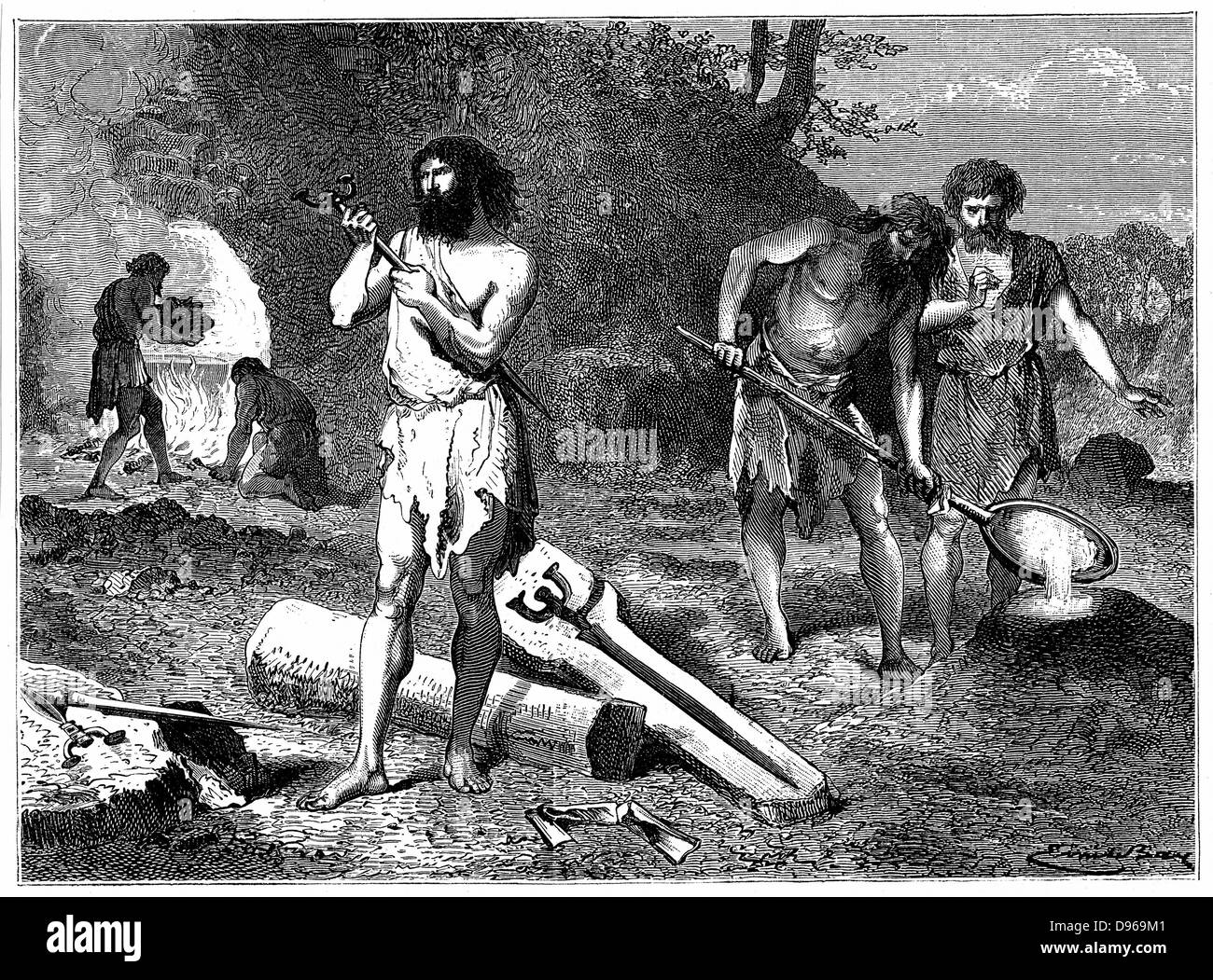 Artist's reconstruction of casting weapons in the Iron Age.  Left background, heating metal in furnace. Right, pouring molten metal into mould. Centre, Mould opened and cast object removed. Engraving 1889. Stock Photo