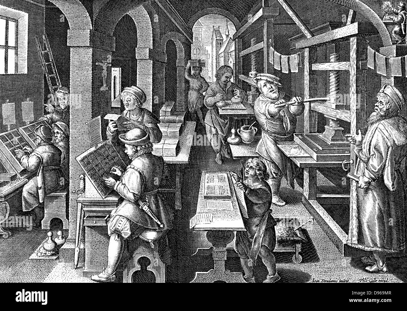 Printing office. On left compositors are at work setting up text using letters from 'case' in front of them.  Centre back type is being inked ready to be printed on to paper in flatbed screwjack press centre right. Paper hung up to allow ink to dry before being stacked in pile  by boy, centre front.  Master printer in fur lined gown supervises his enterprise.    After Stradanus (Jan van der Straet) 'Nova reperta' Antwerp c1600. Engraving Stock Photo