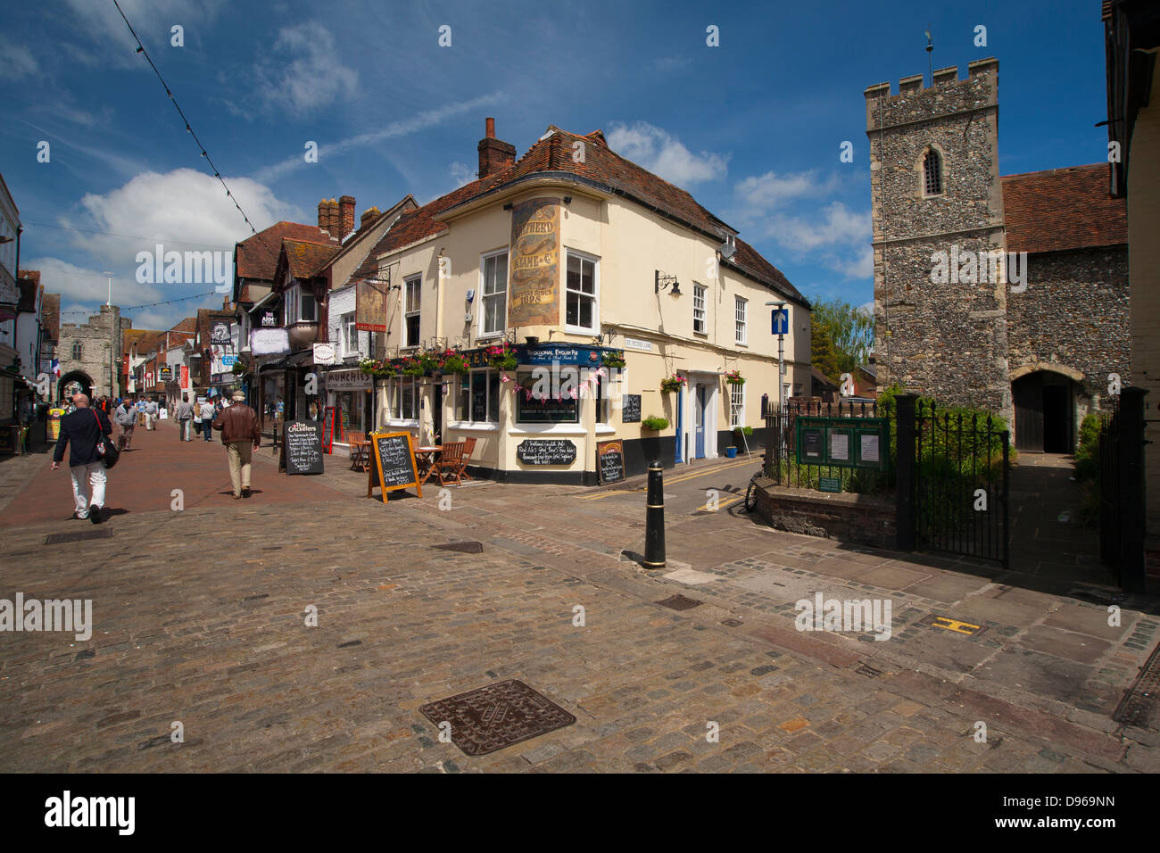 Canterbury High Street in Kent - church and pub. Stock Photo